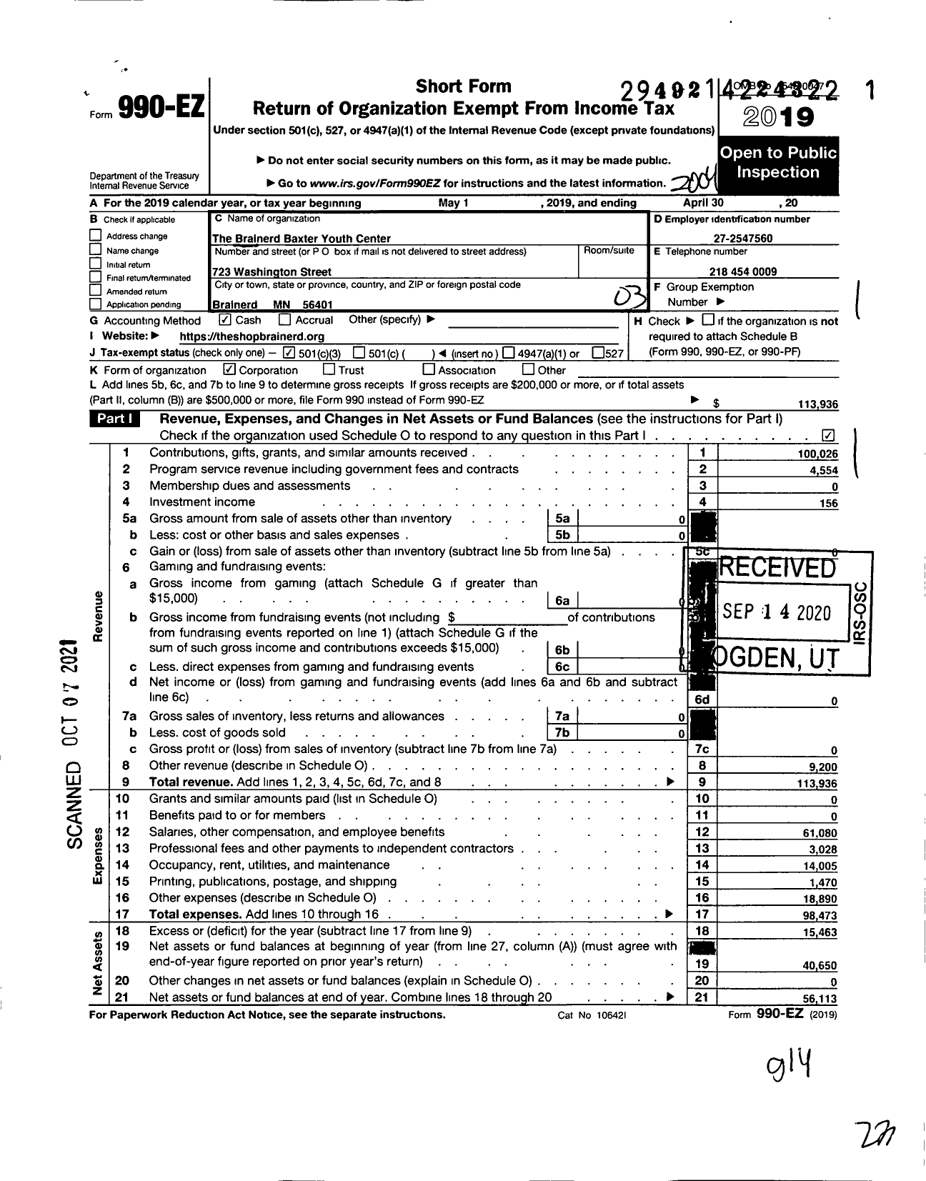 Image of first page of 2019 Form 990EZ for The Brainerd Baxter Youth Center