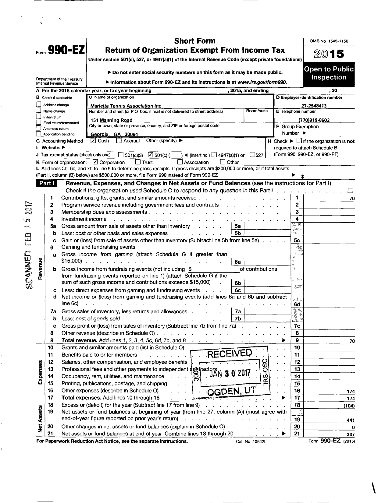 Image of first page of 2015 Form 990EO for Marietta Tennis Association Incorporated