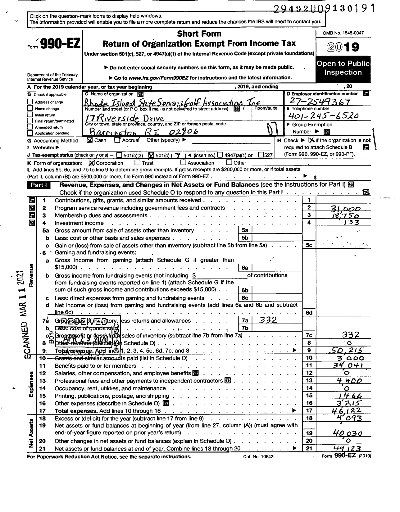 Image of first page of 2019 Form 990EO for Rhode Island State Seniors Golf Association