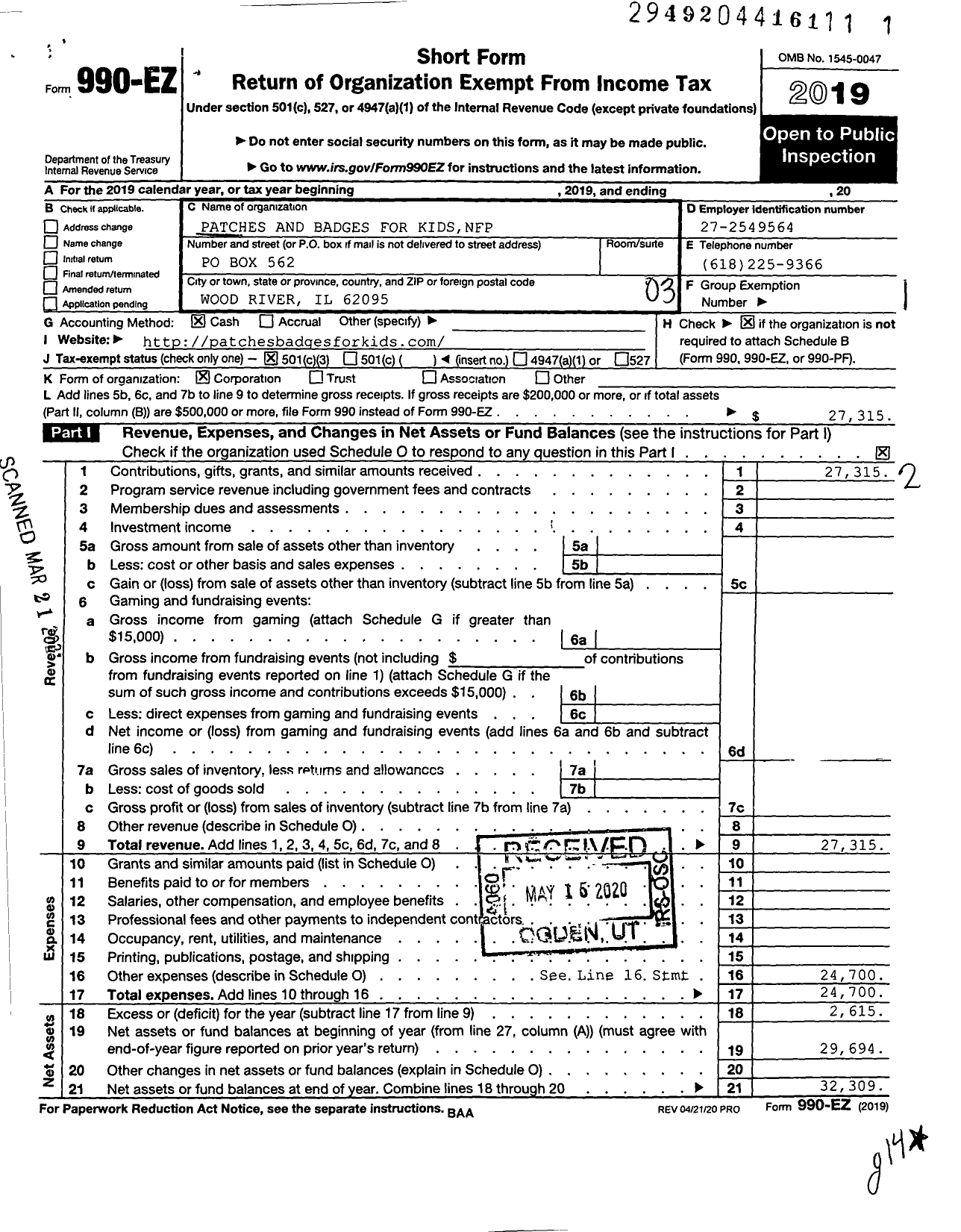 Image of first page of 2019 Form 990EZ for Patches and Badges for Kids NFP