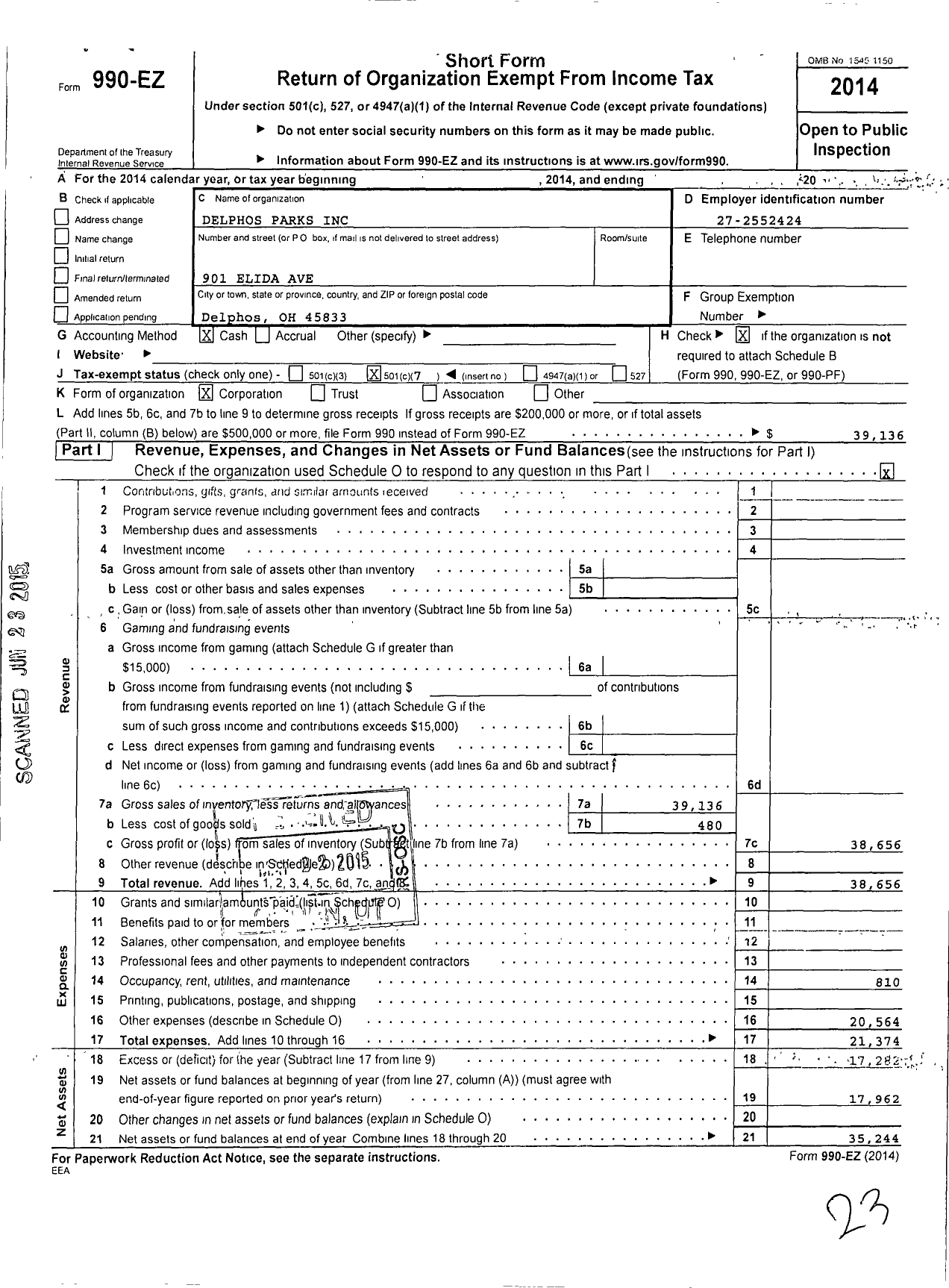 Image of first page of 2014 Form 990EO for Delphos Parks