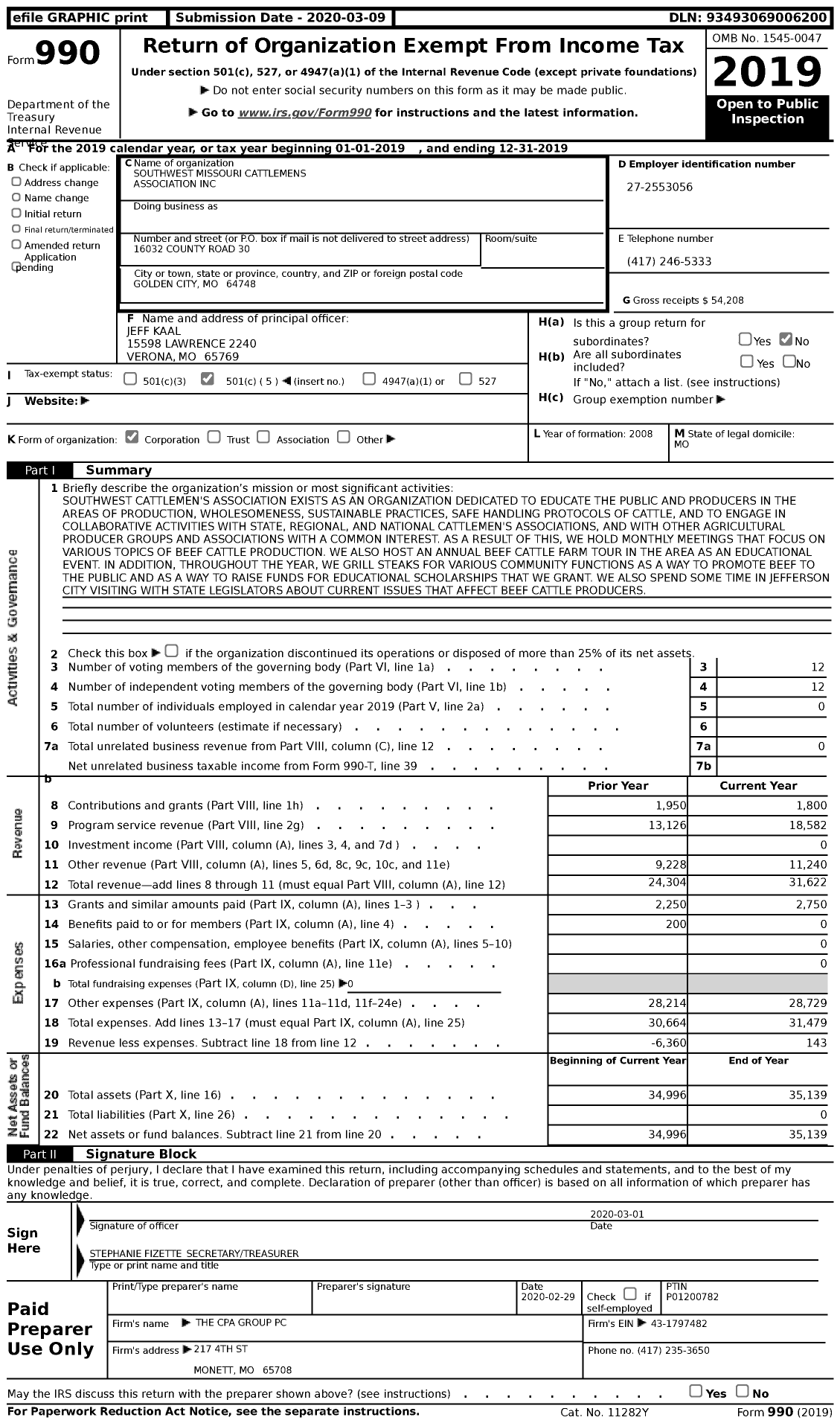 Image of first page of 2019 Form 990 for Southwest Missouri Cattlemens Association