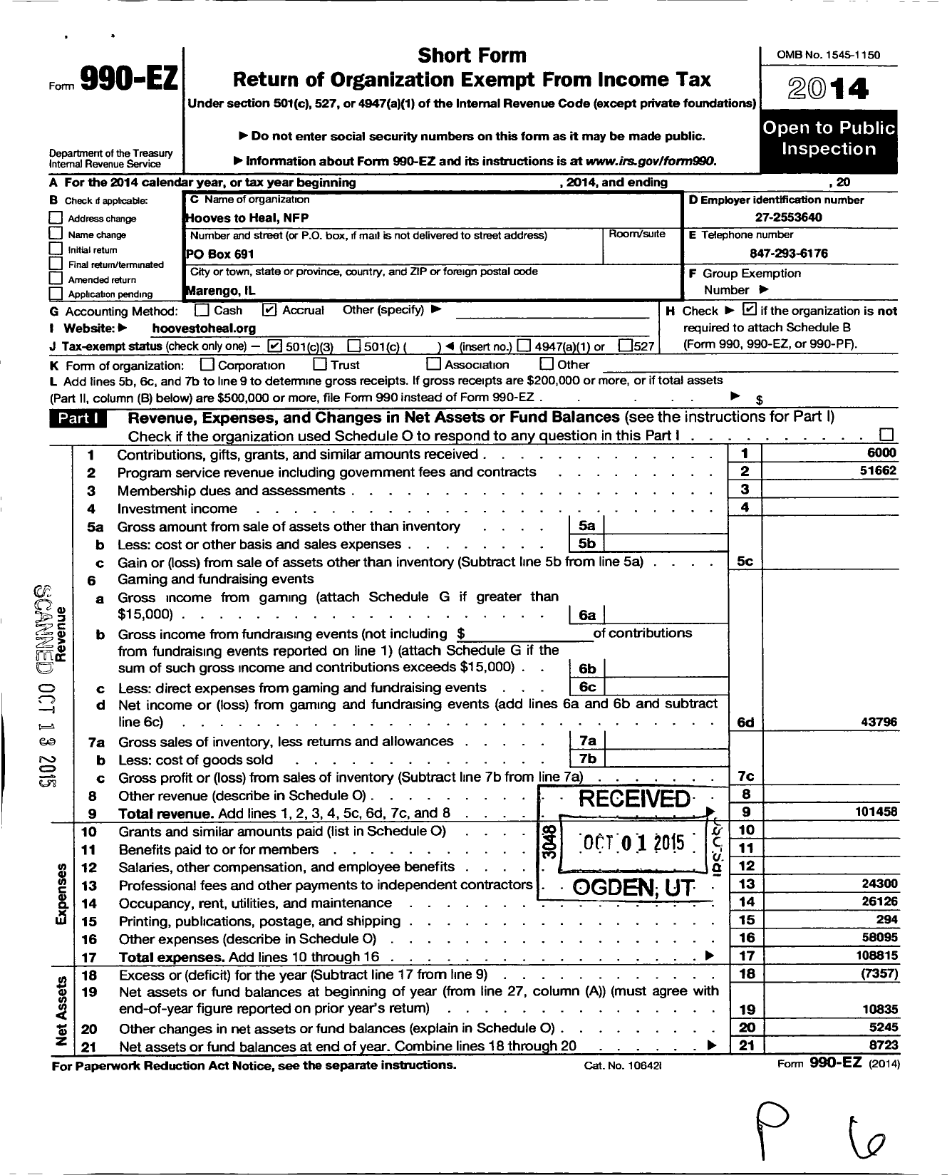 Image of first page of 2014 Form 990EZ for Hooves To Heal NFP