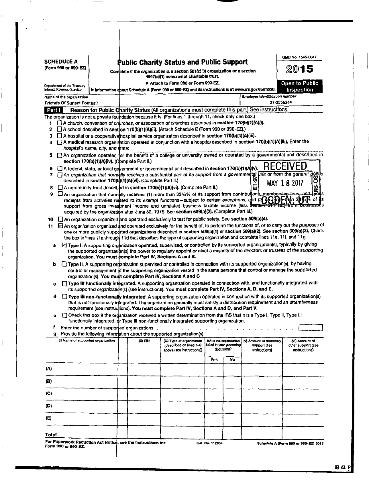 Image of first page of 2015 Form 990ER for Friends of Sunset Football