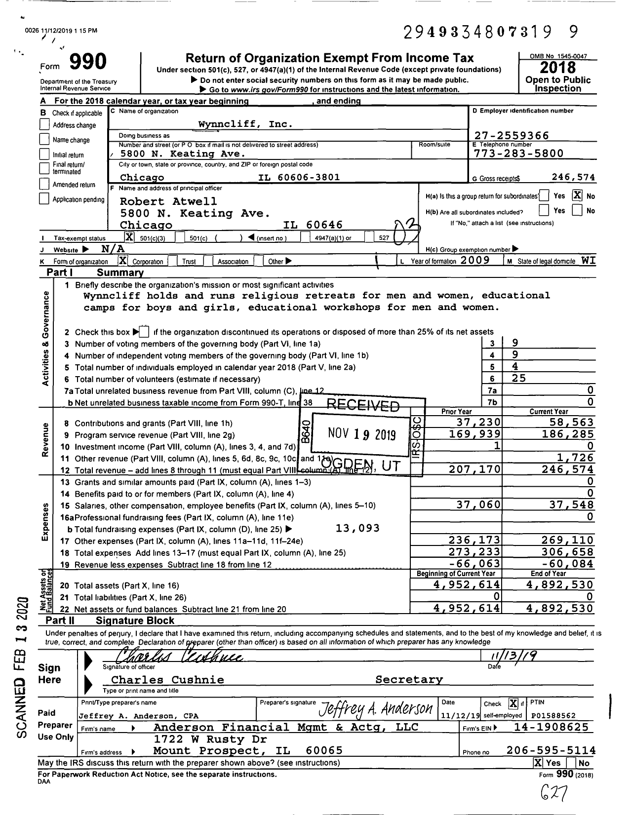 Image of first page of 2018 Form 990 for Wynncliff