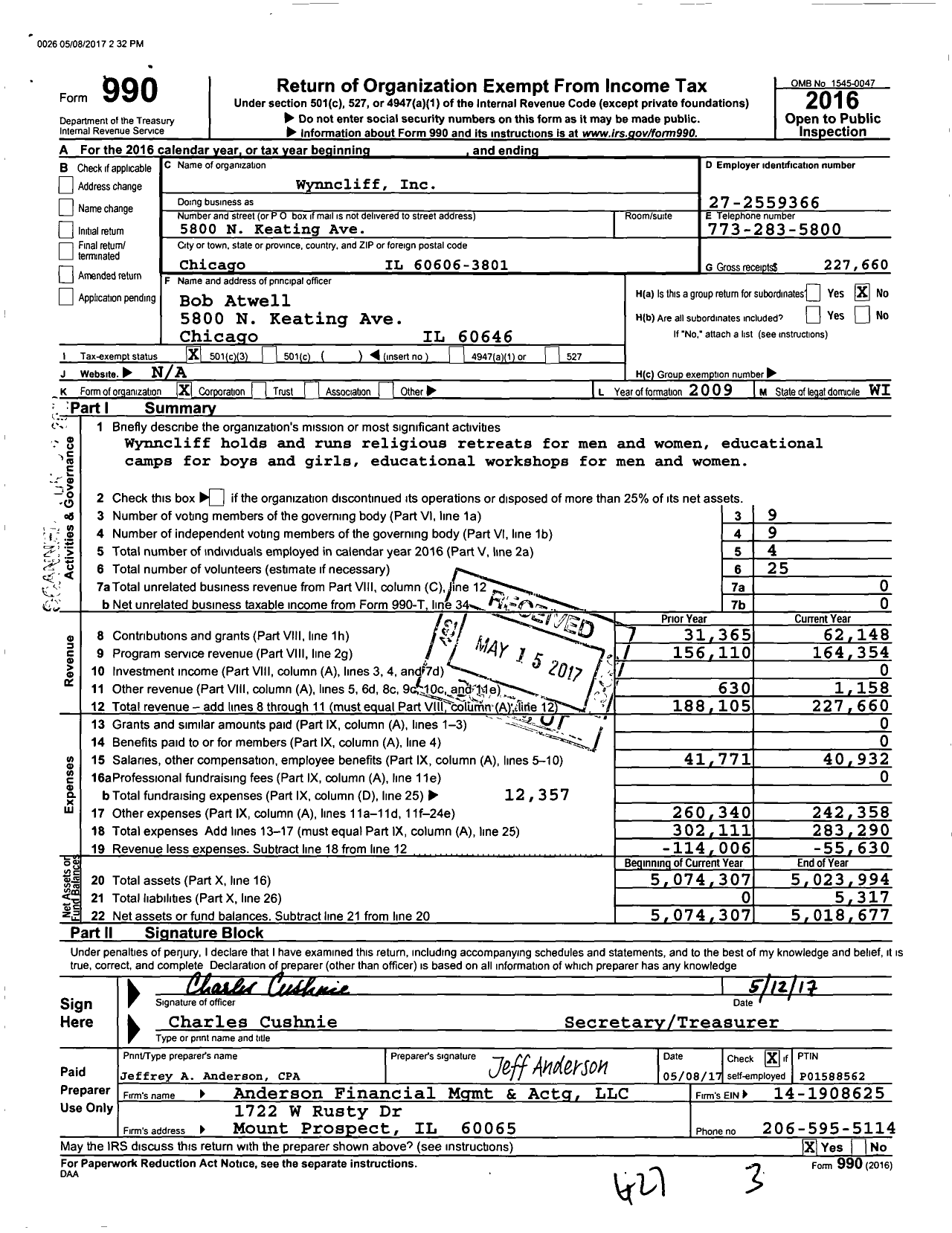 Image of first page of 2016 Form 990 for Wynncliff