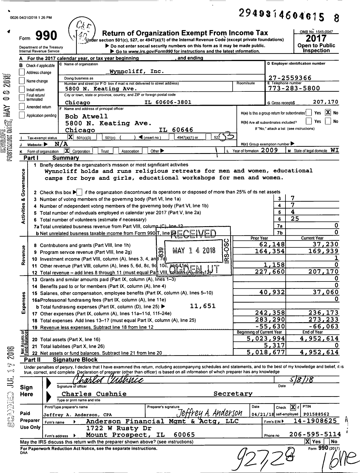 Image of first page of 2017 Form 990 for Wynncliff