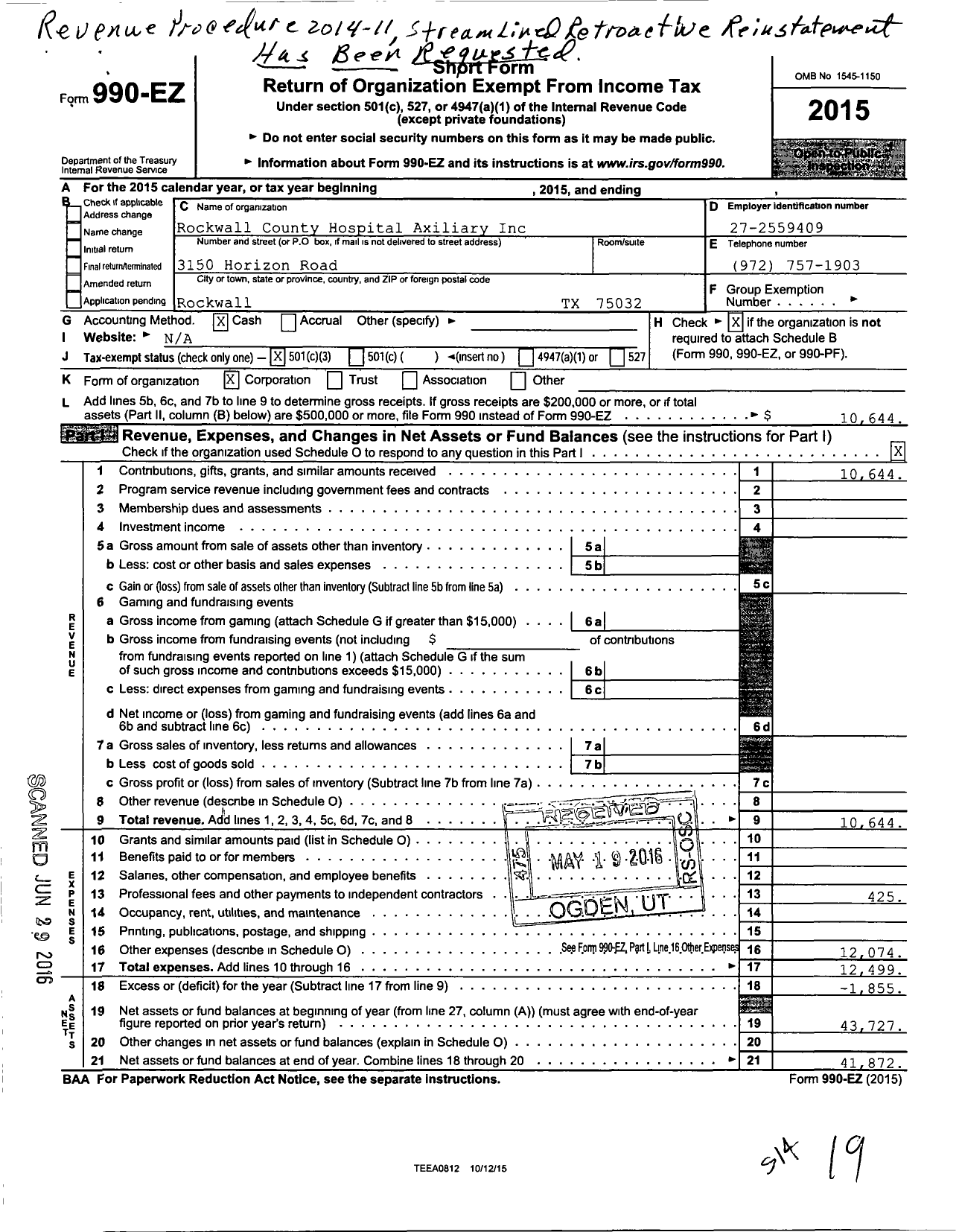 Image of first page of 2015 Form 990EZ for Rockwall County Hospital Auxiliary