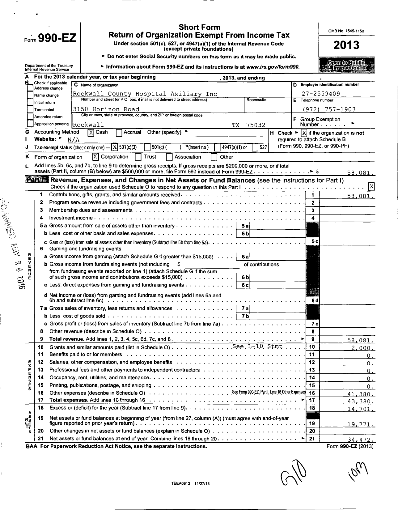 Image of first page of 2013 Form 990EZ for Rockwall County Hospital Auxiliary