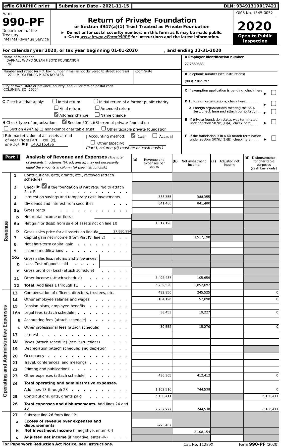 Image of first page of 2020 Form 990PF for Darnall W and Susan F Boyd Foundation
