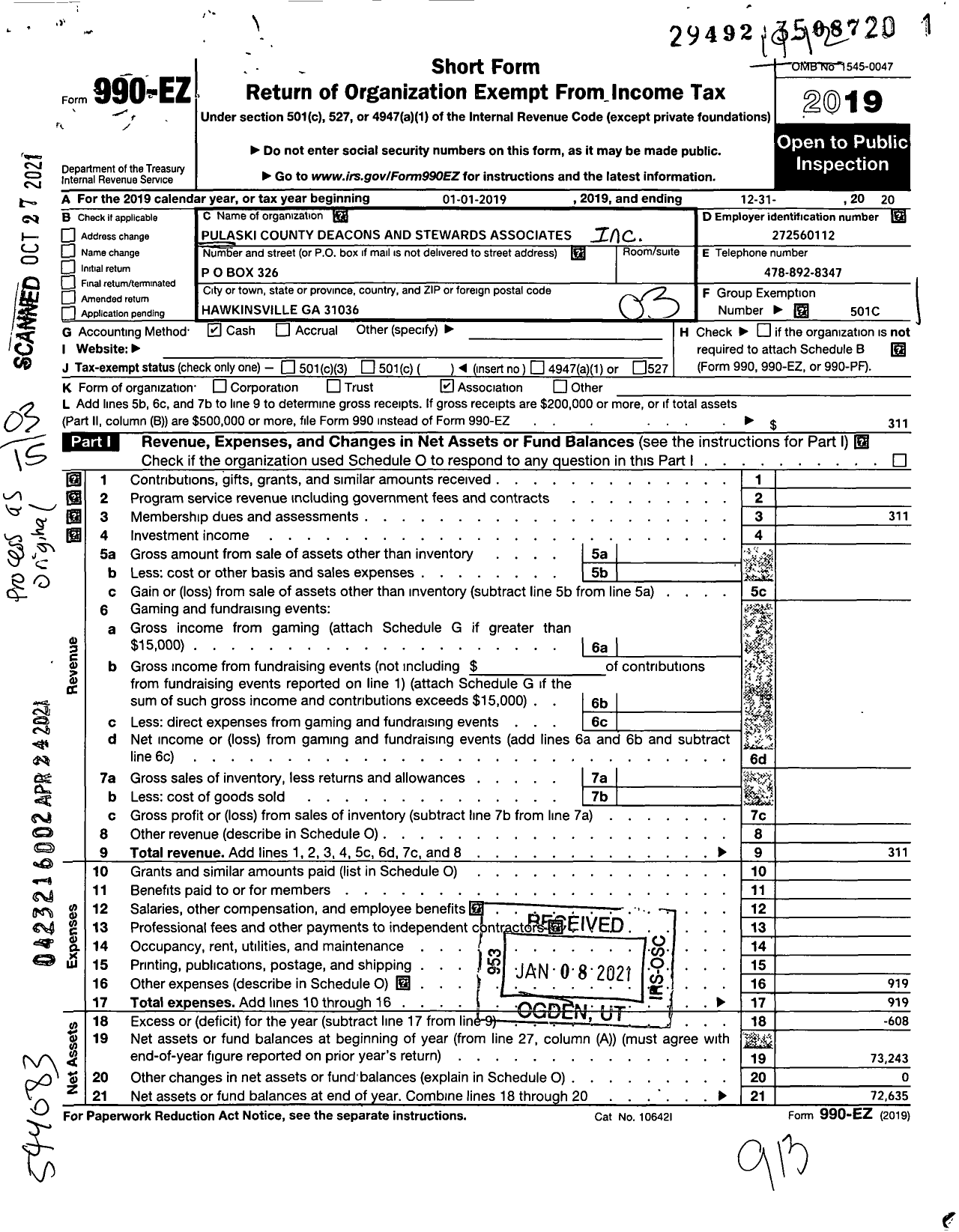 Image of first page of 2019 Form 990EZ for Pulaski County Deacons and Stewards Association