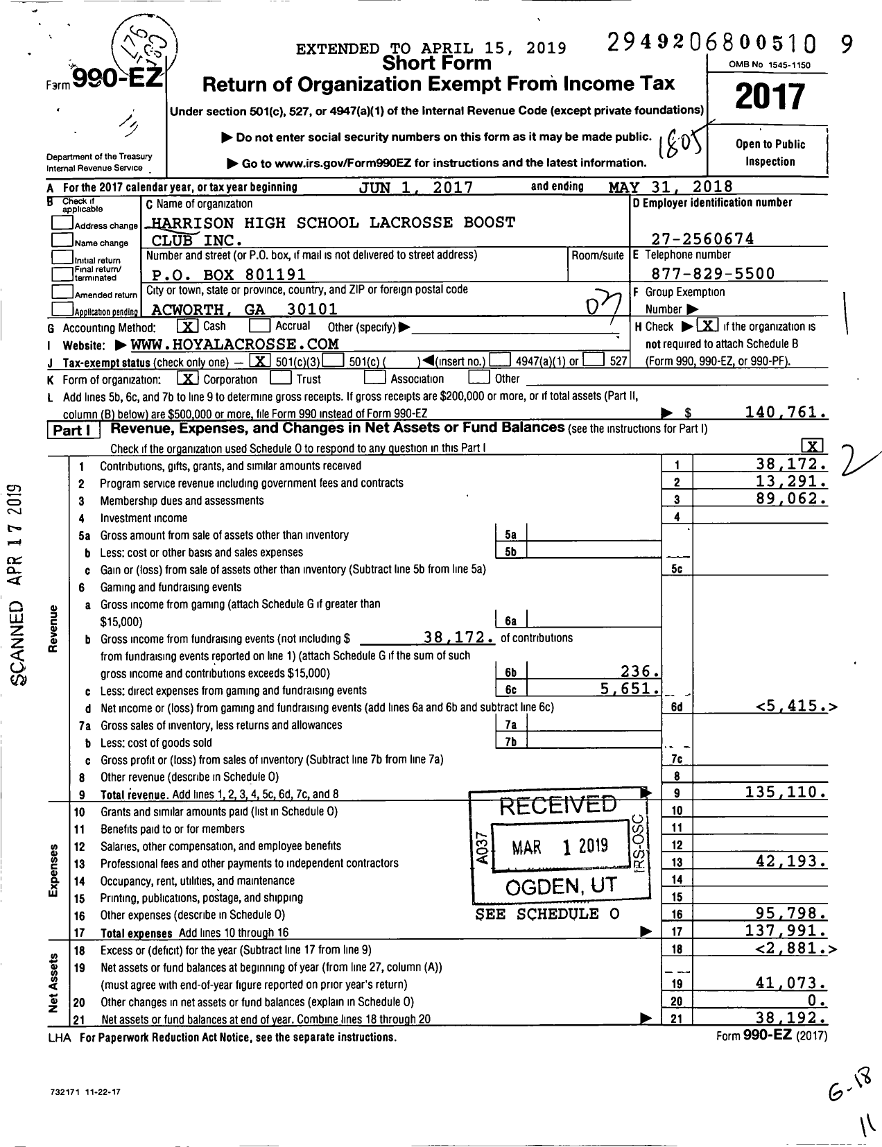 Image of first page of 2017 Form 990EZ for Harrison High School Lacrosse Booster Club