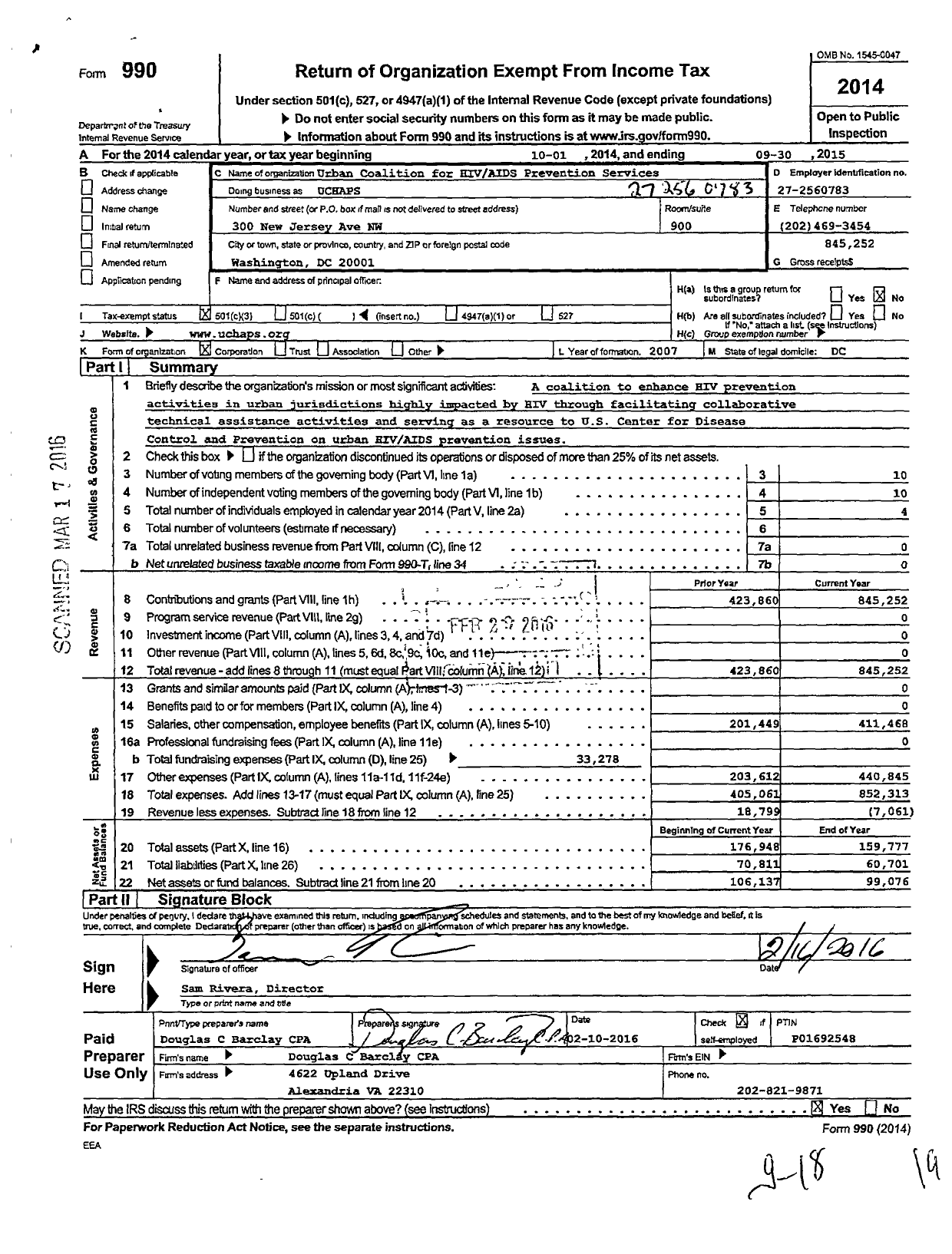 Image of first page of 2014 Form 990 for Urban Coalition for Hiv Aids Prevention Services (UCHAPS)