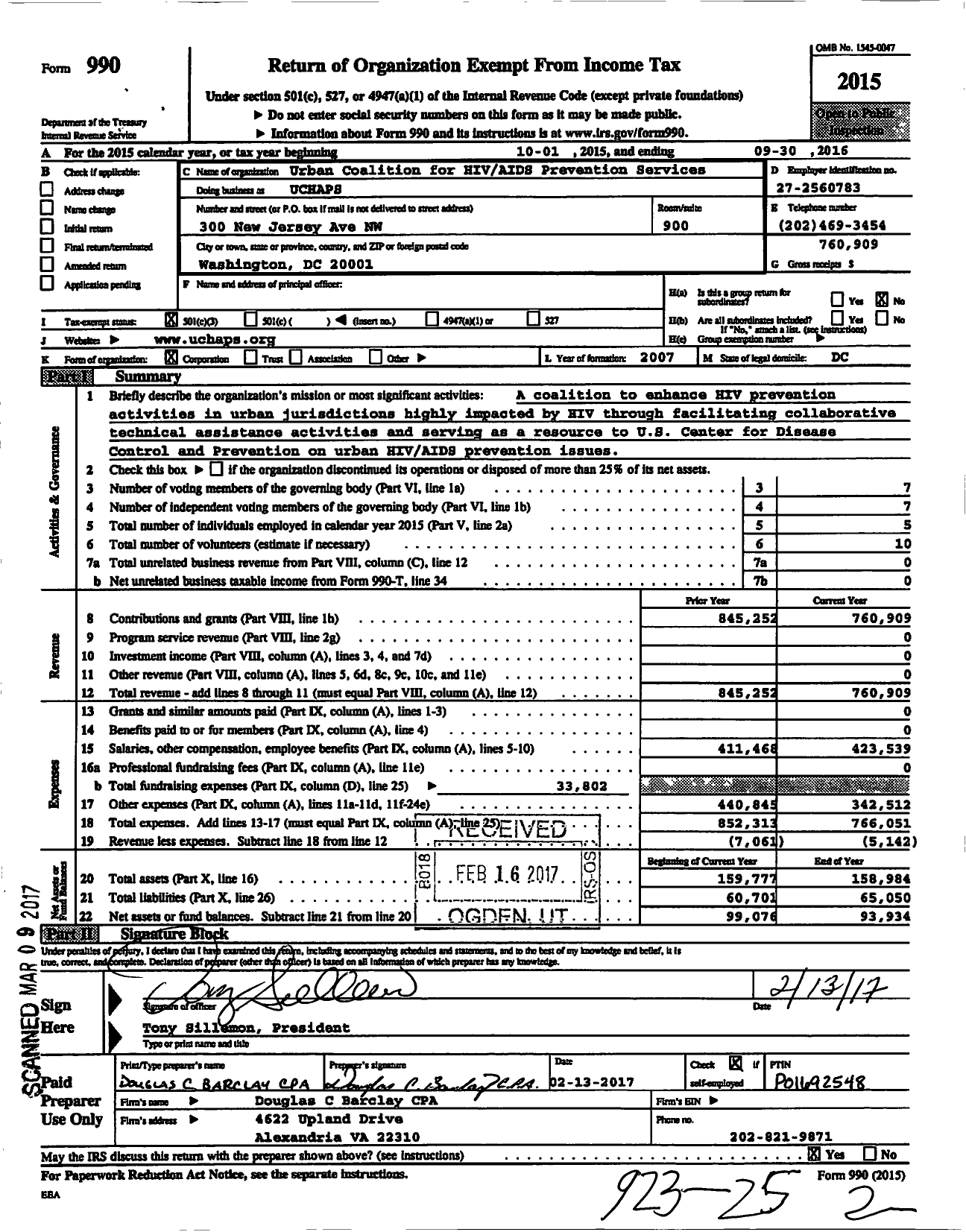 Image of first page of 2015 Form 990 for Urban Coalition for Hiv Aids Prevention Services (UCHAPS)