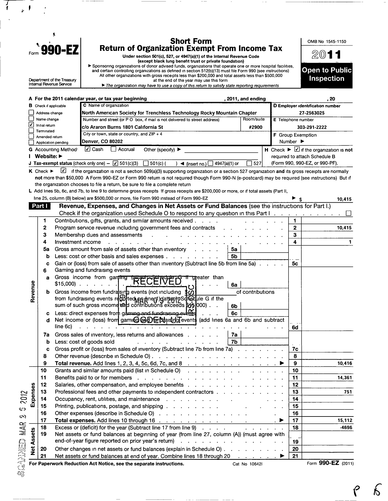 Image of first page of 2011 Form 990EZ for North American Society for Trenchless Technology - Rocky MTN