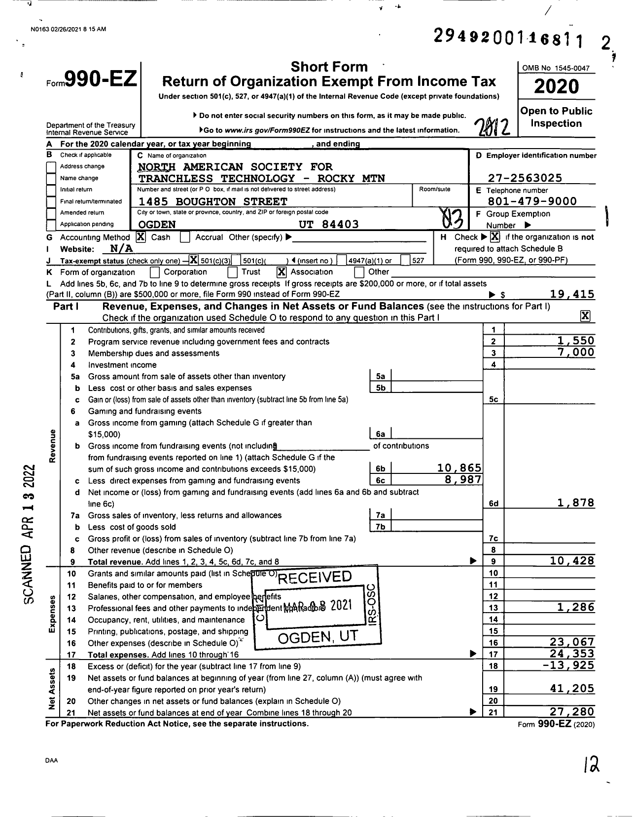 Image of first page of 2020 Form 990EZ for North American Society for Trenchless Technology - Rocky MTN