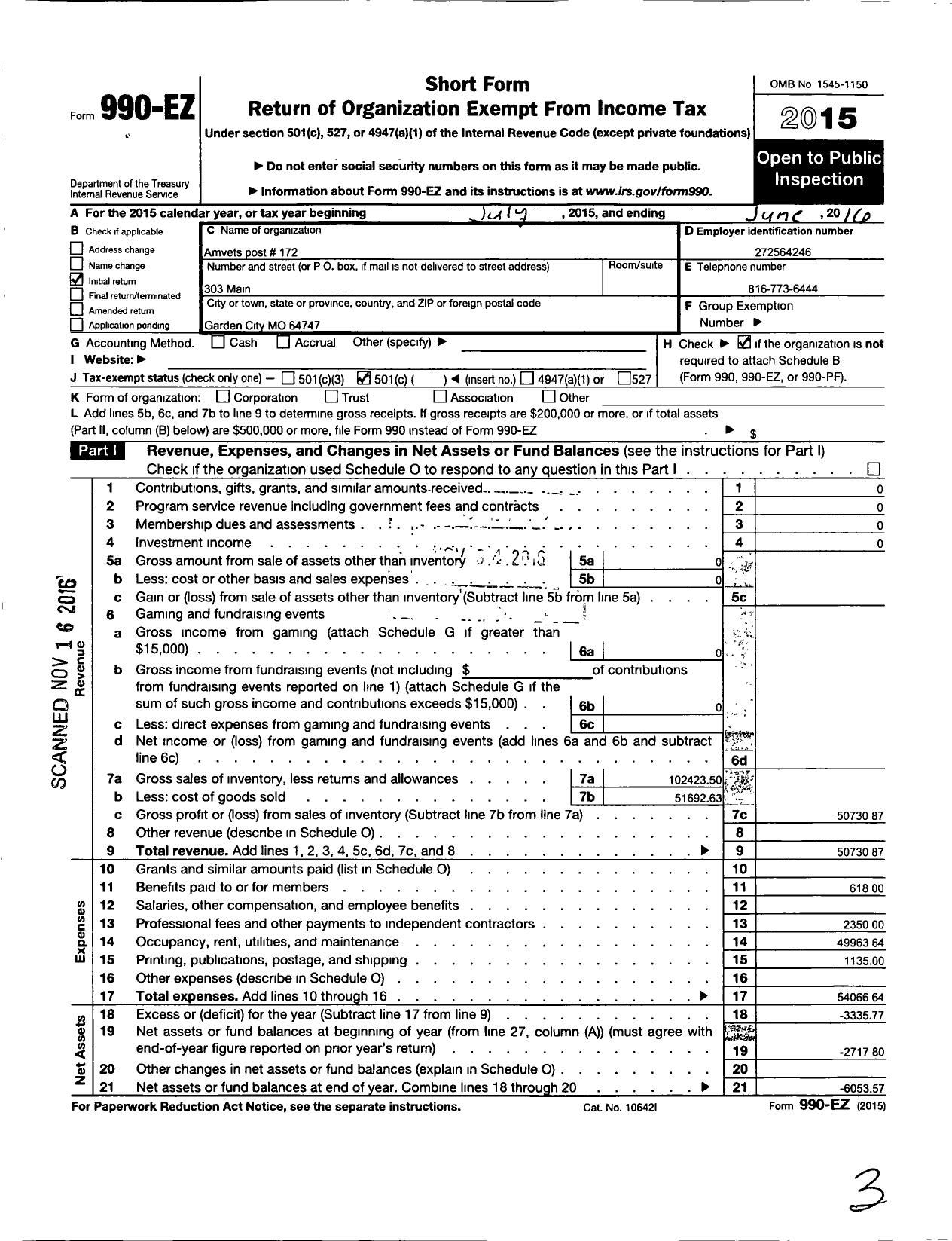 Image of first page of 2015 Form 990EO for Amvets Post 172
