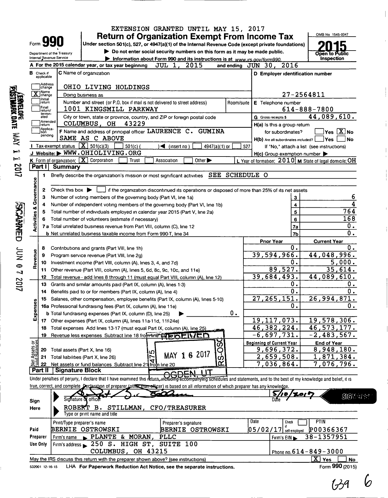 Image of first page of 2015 Form 990 for Ohio Living Holdings