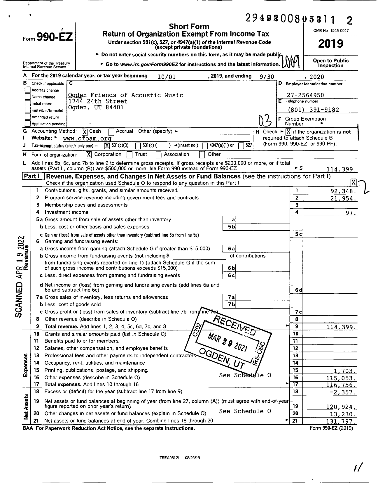 Image of first page of 2019 Form 990EZ for Ogden Friends of Acoustic Music-OFOAM