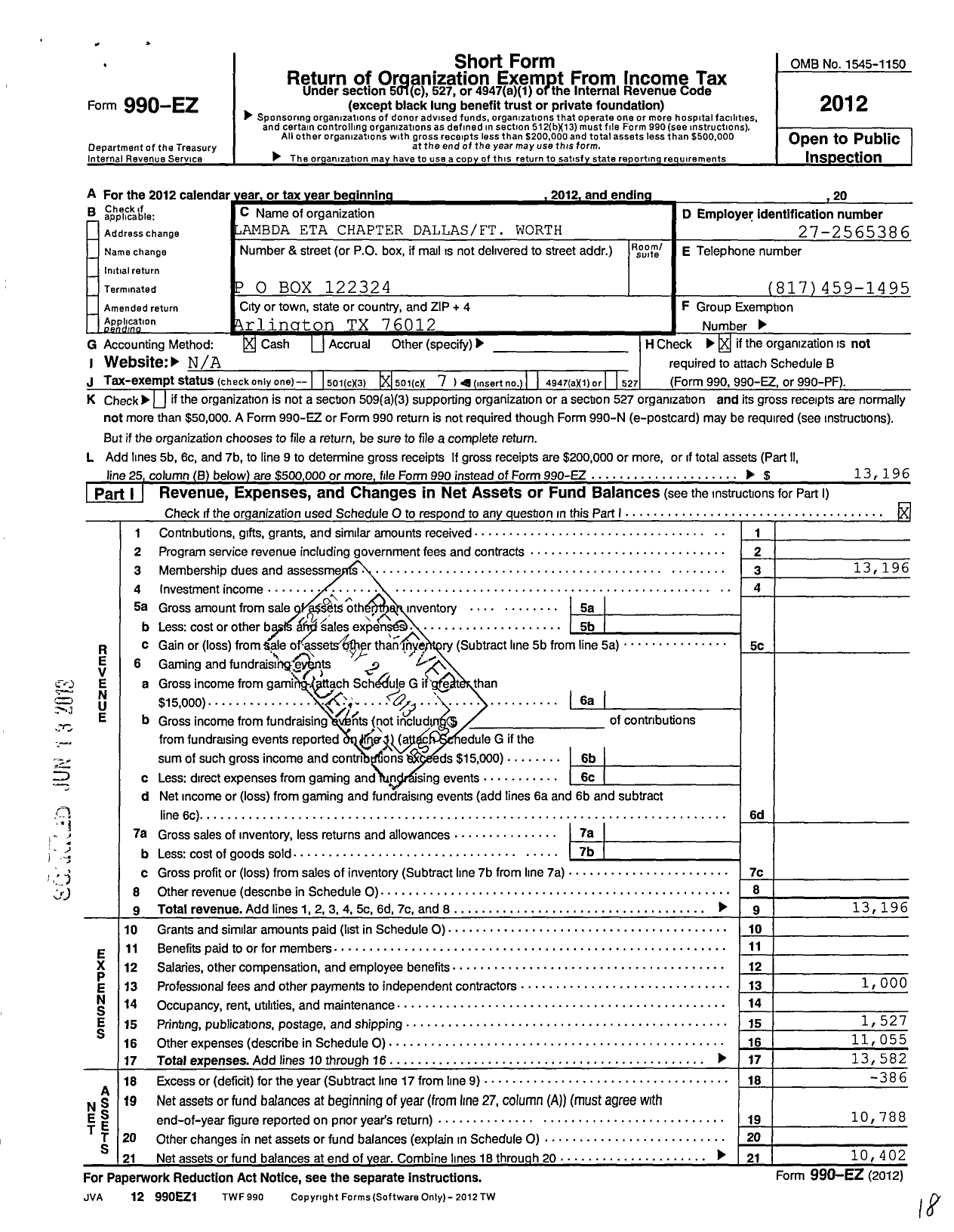 Image of first page of 2012 Form 990EO for Lambda Eta Chapter DFW