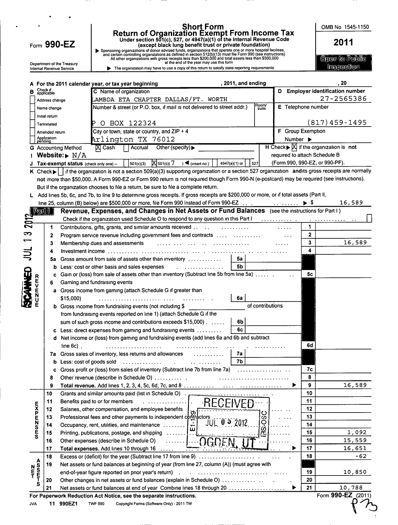 Image of first page of 2011 Form 990EO for Lambda Eta Chapter DFW