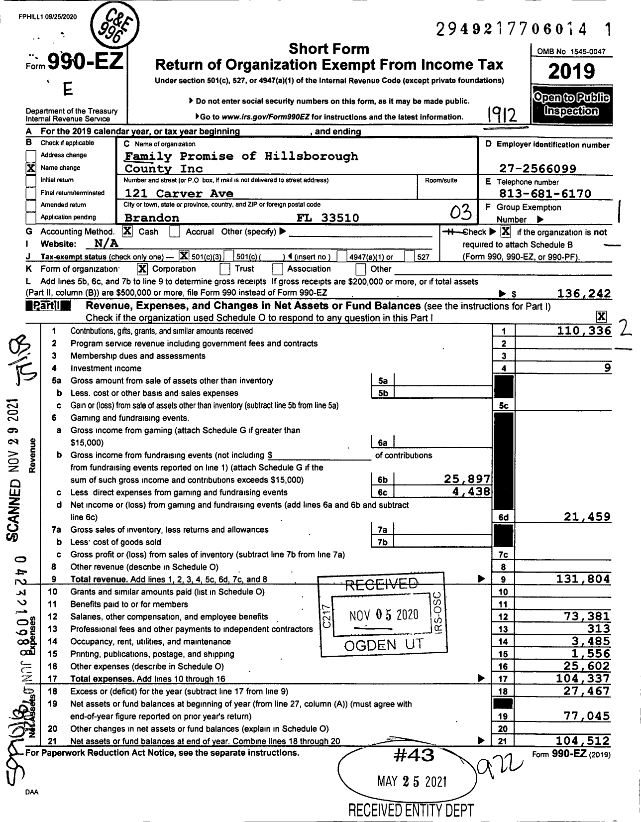 Image of first page of 2019 Form 990EZ for Family Promise of Hillsborough County