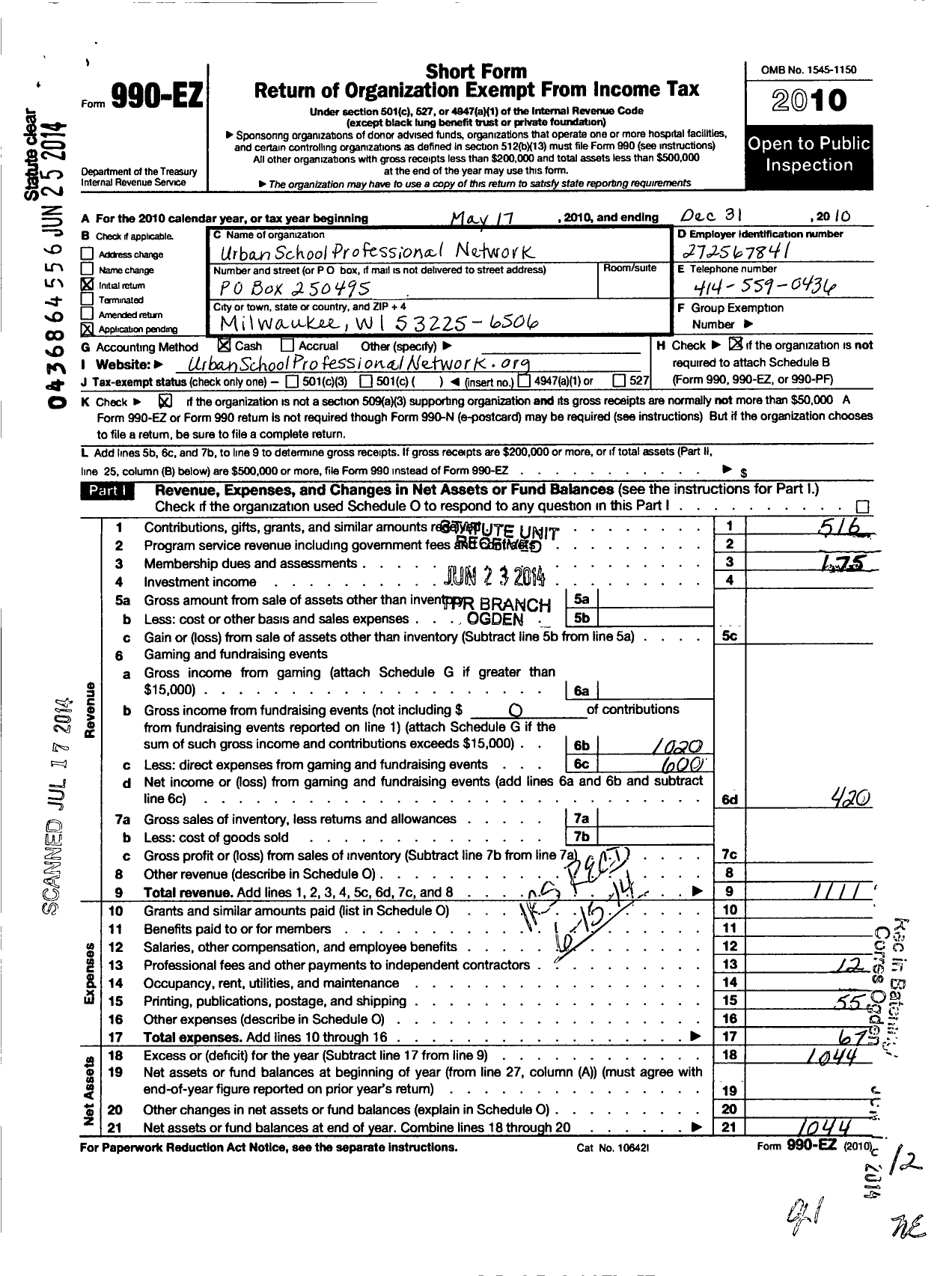 Image of first page of 2010 Form 990EO for Urban School Professional Network