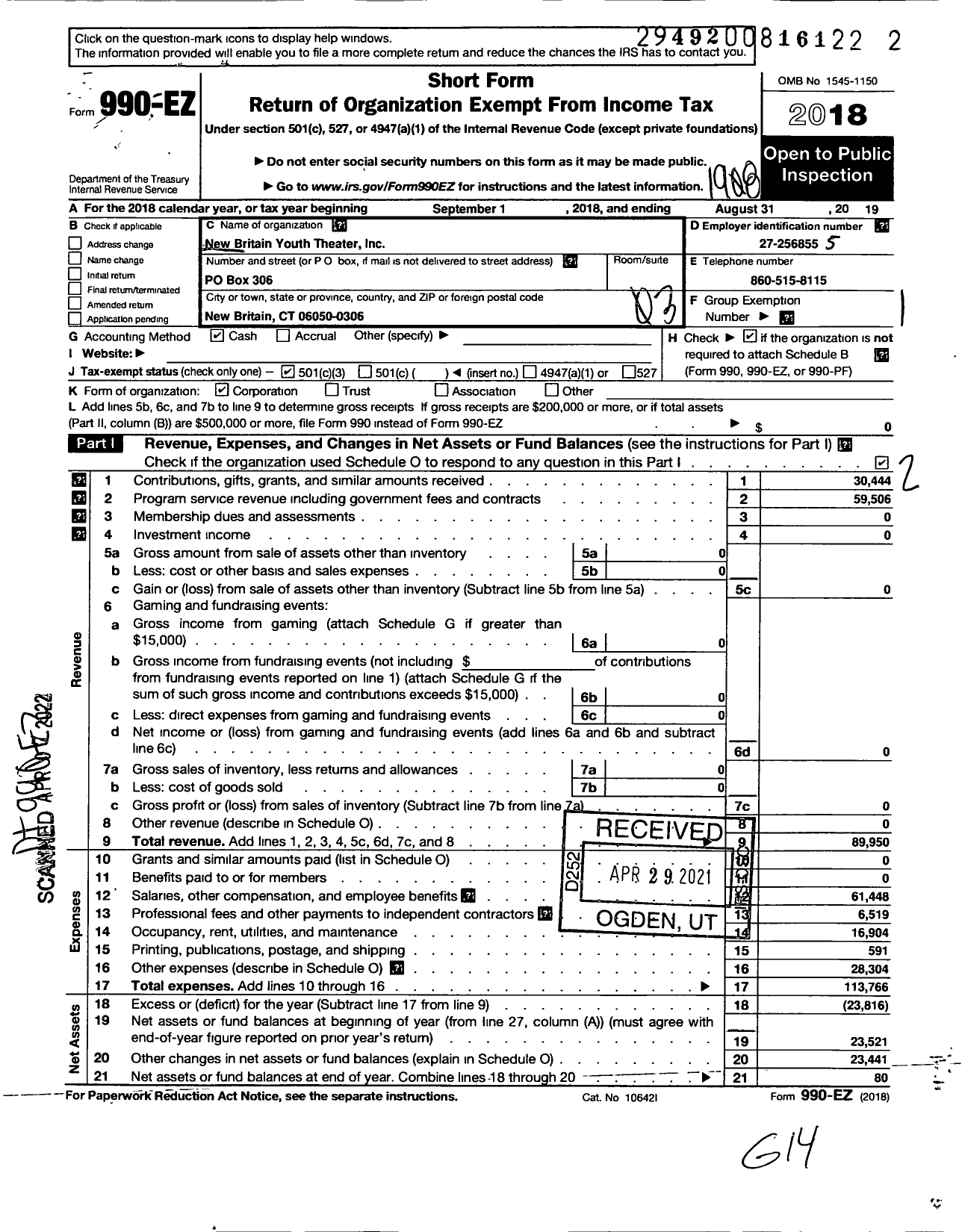 Image of first page of 2018 Form 990EZ for New Britain Youth Theater