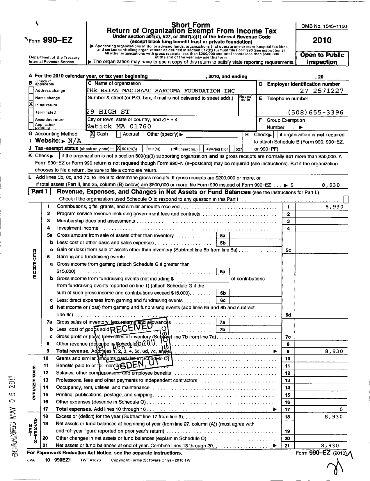 Image of first page of 2010 Form 990EZ for Brian Macisaac Sarcoma Foundation