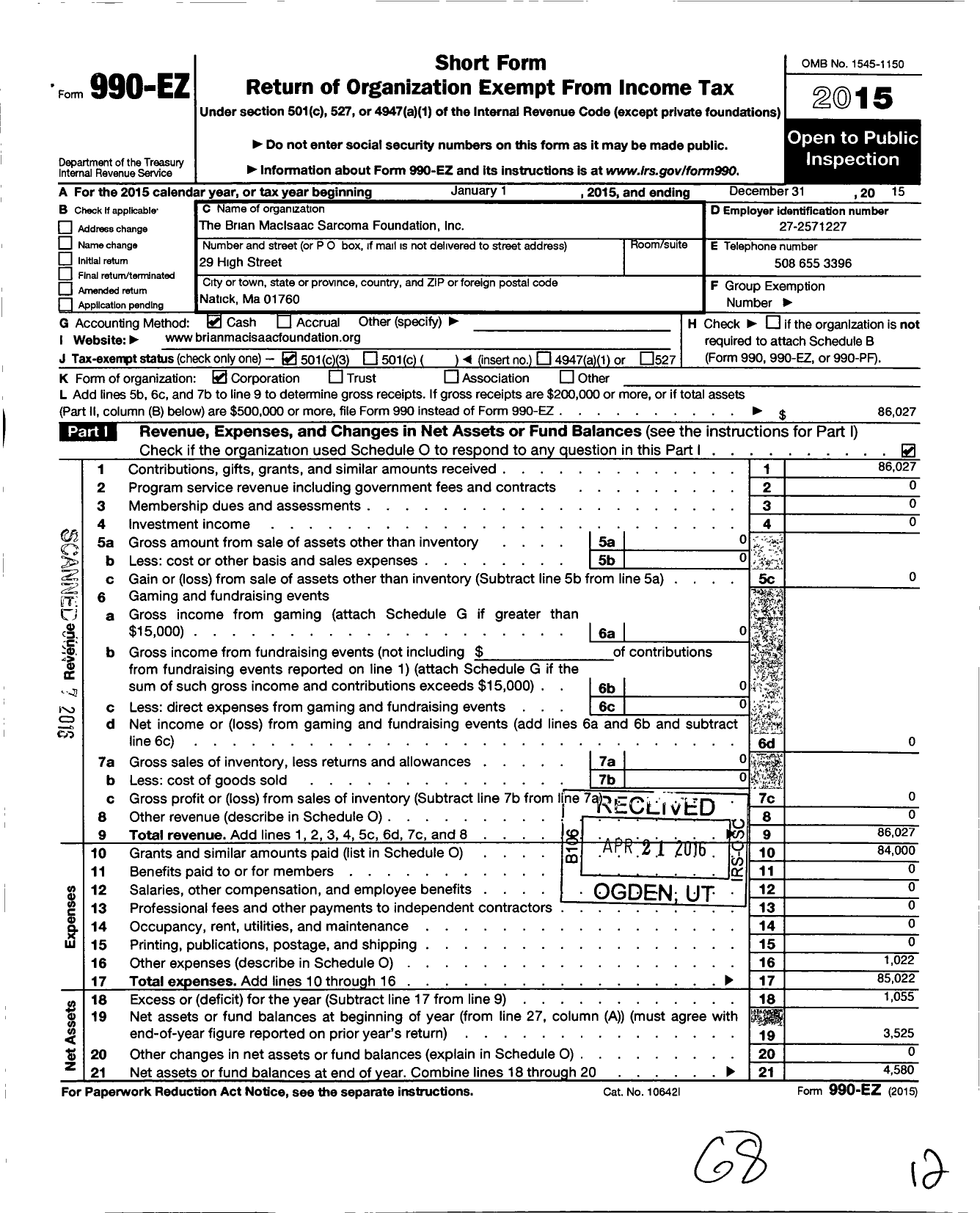 Image of first page of 2015 Form 990EZ for Brian Macisaac Sarcoma Foundation