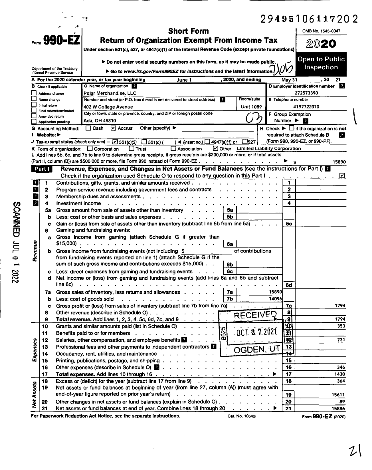 Image of first page of 2020 Form 990EZ for Polar Merchandise LLC