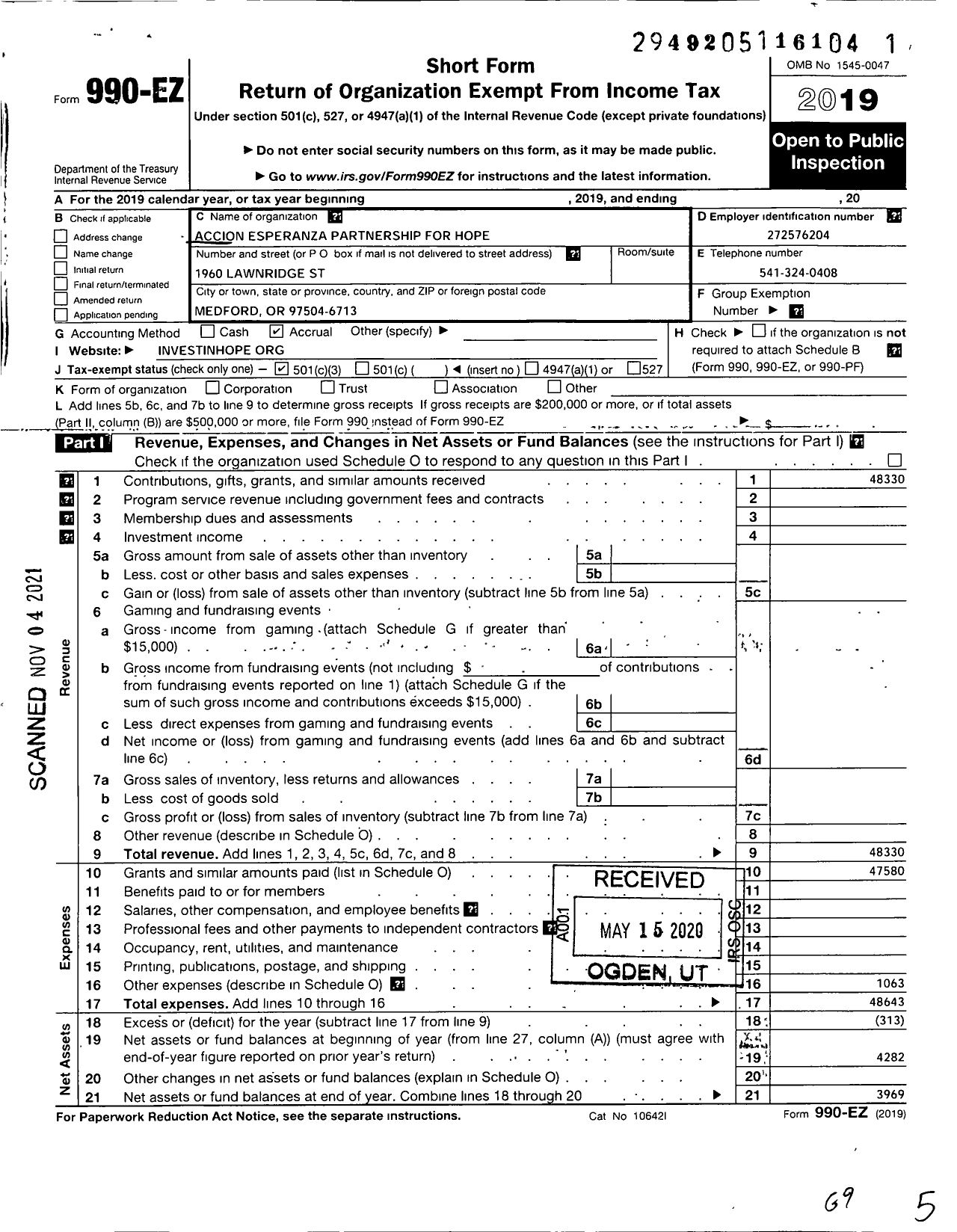 Image of first page of 2019 Form 990EZ for Accion Esperanza Partnership for Hope