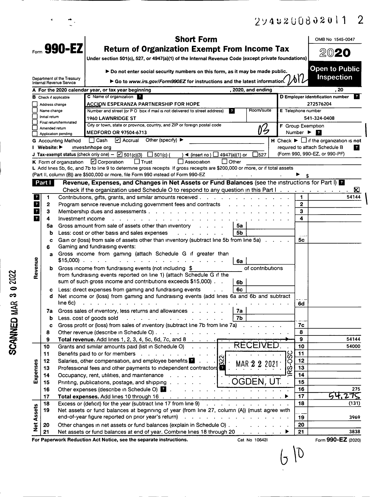 Image of first page of 2020 Form 990EZ for Accion Esperanza Partnership for Hope