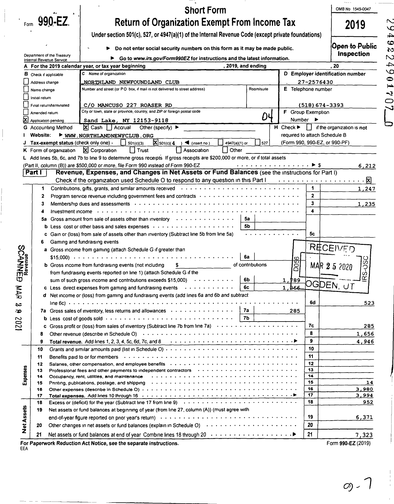 Image of first page of 2019 Form 990EO for Northland Newfoundland Club