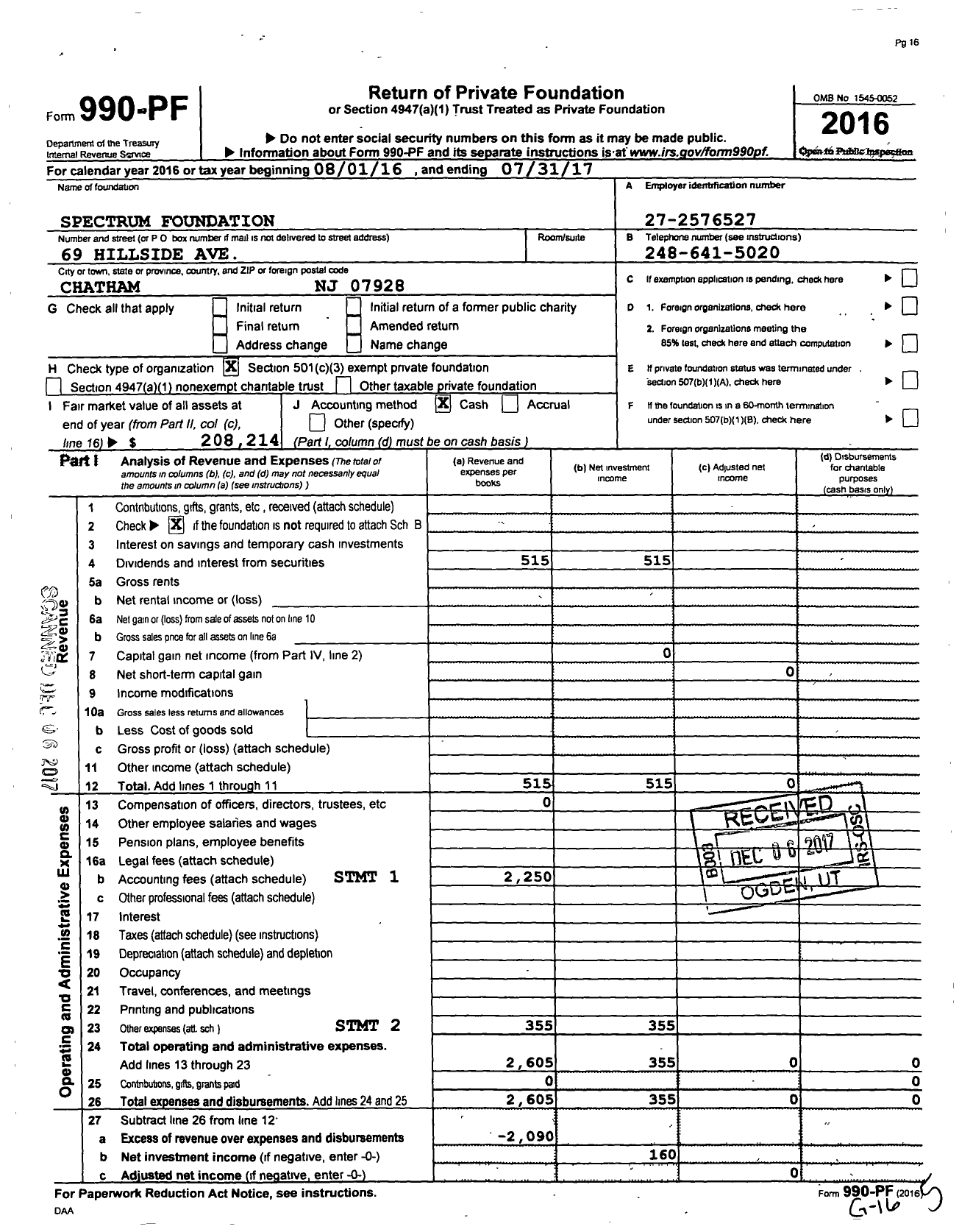 Image of first page of 2016 Form 990PF for Spectrum Foundation