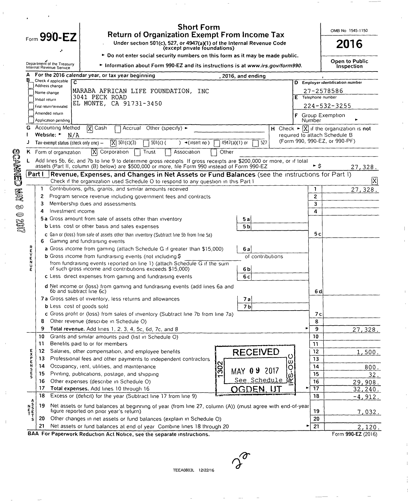 Image of first page of 2016 Form 990EZ for Maraba African Life Foundation