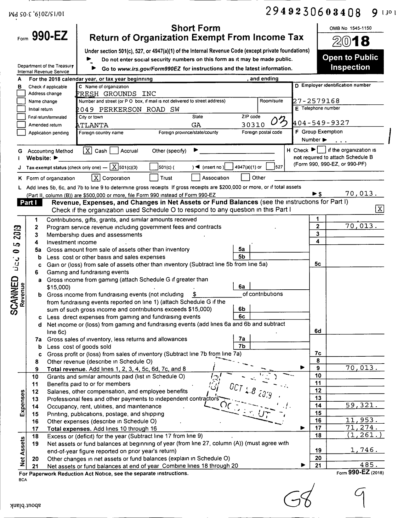 Image of first page of 2018 Form 990EZ for Fresh Grounds