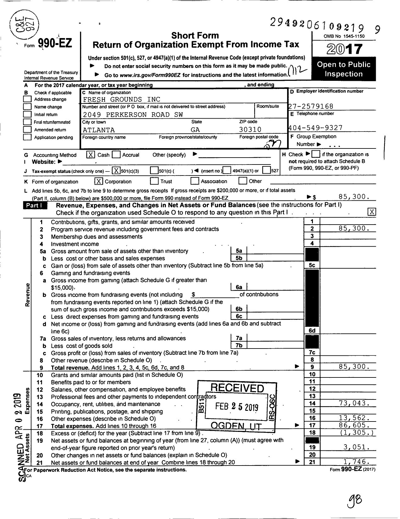 Image of first page of 2017 Form 990EZ for Fresh Grounds