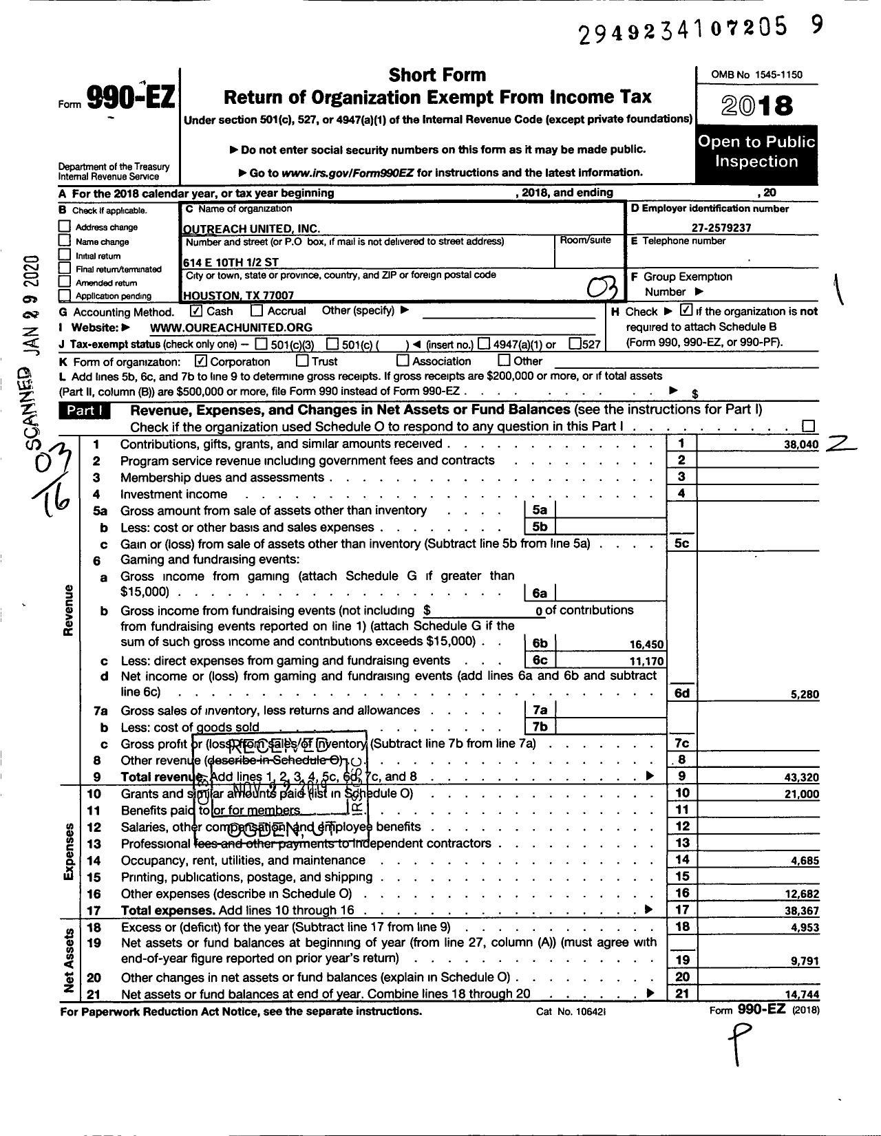 Image of first page of 2018 Form 990EZ for Outreach United