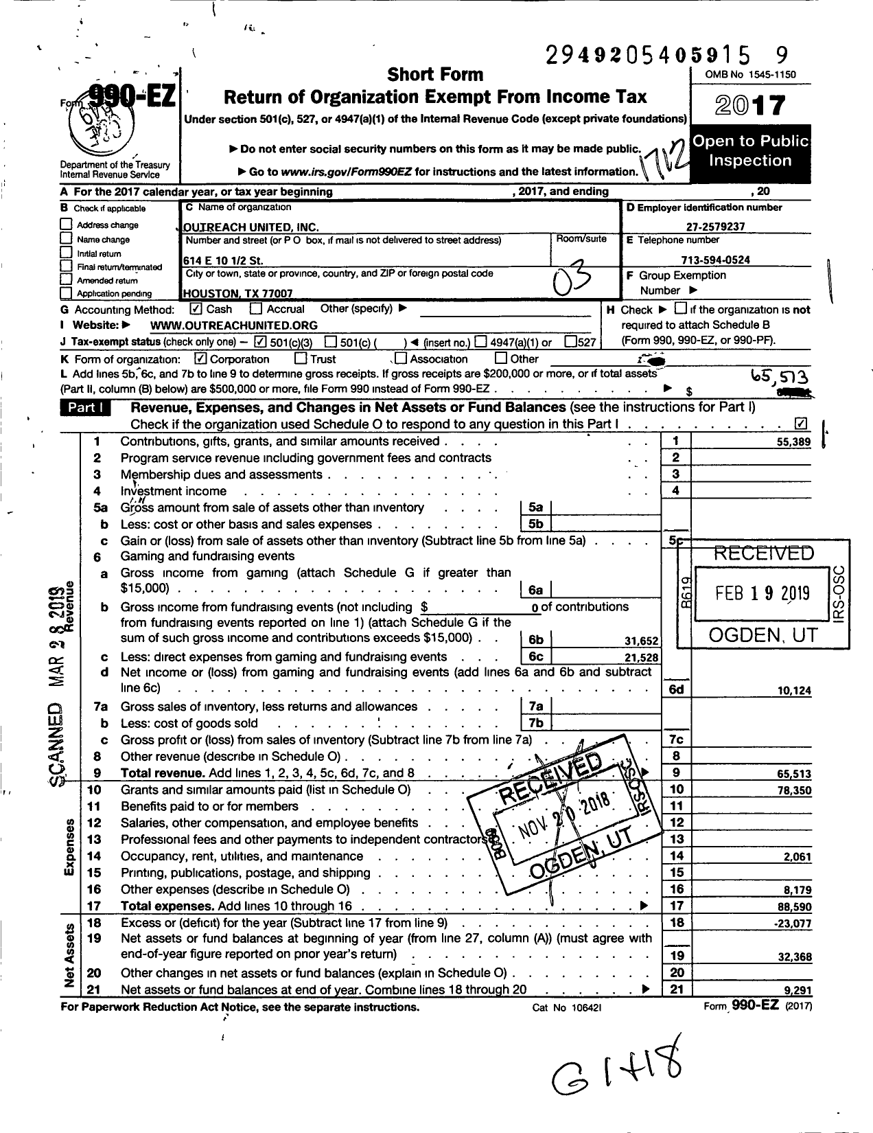 Image of first page of 2017 Form 990EZ for Outreach United