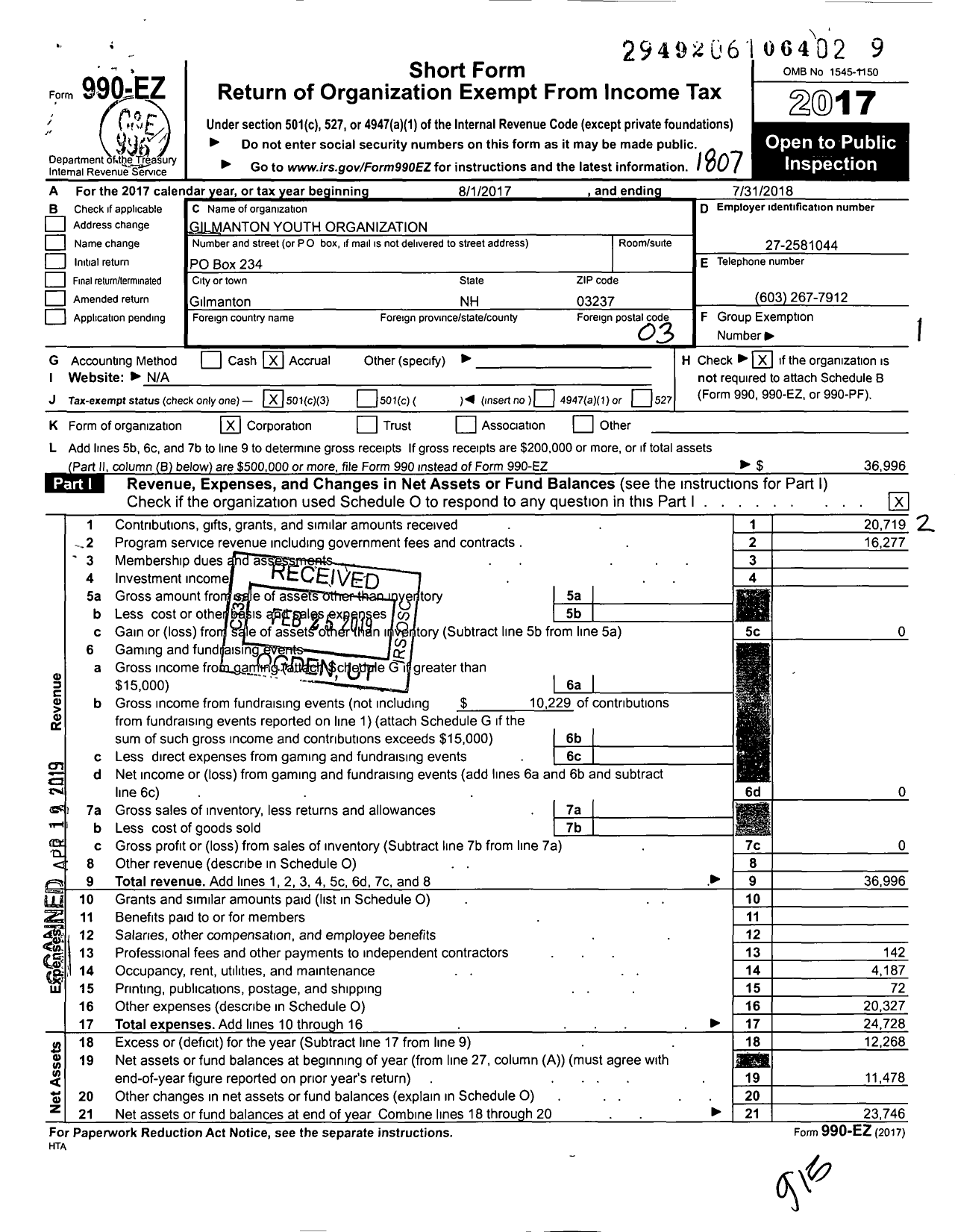 Image of first page of 2017 Form 990EZ for Gyo Gilmanton Youth Organization