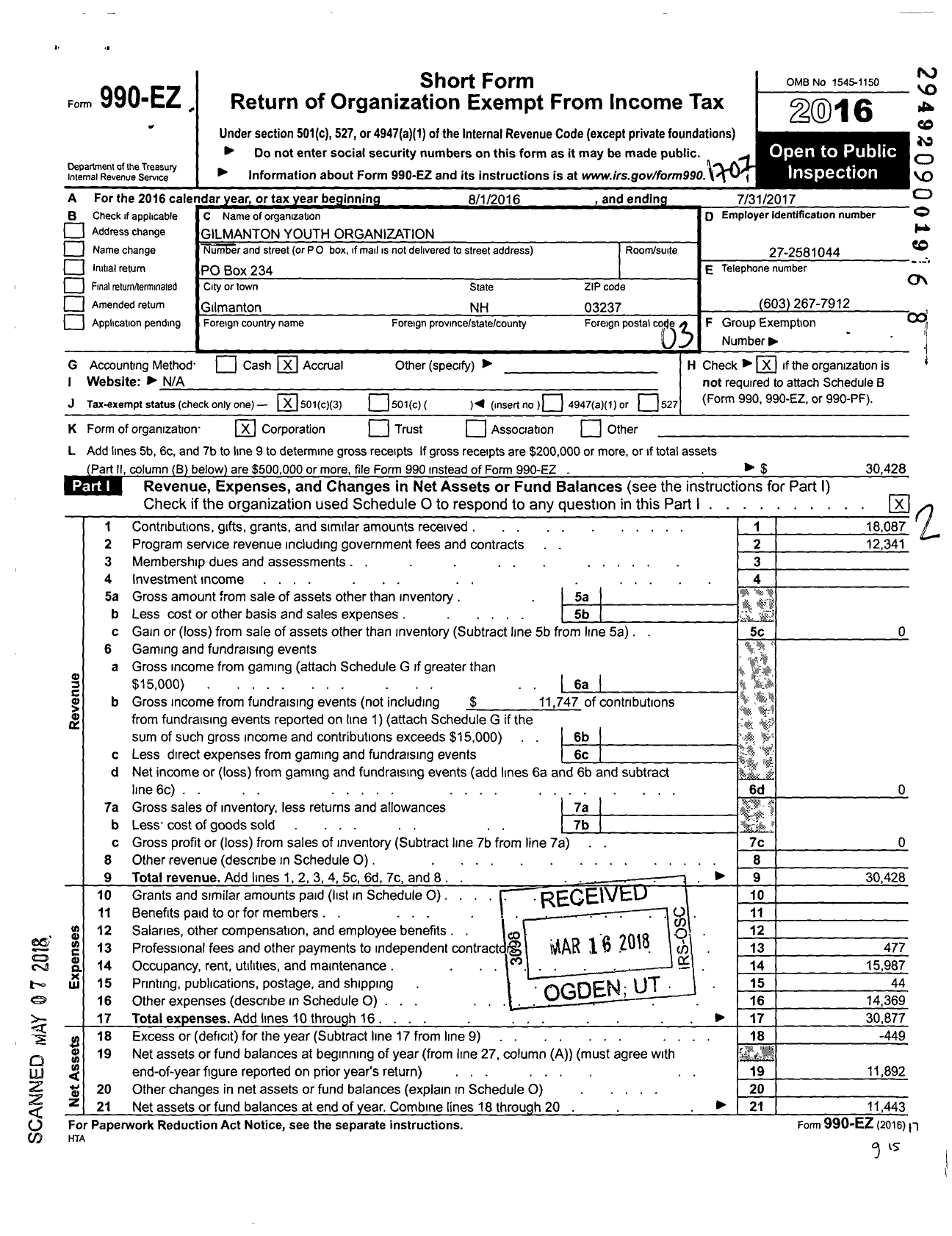 Image of first page of 2016 Form 990EZ for Gyo Gilmanton Youth Organization