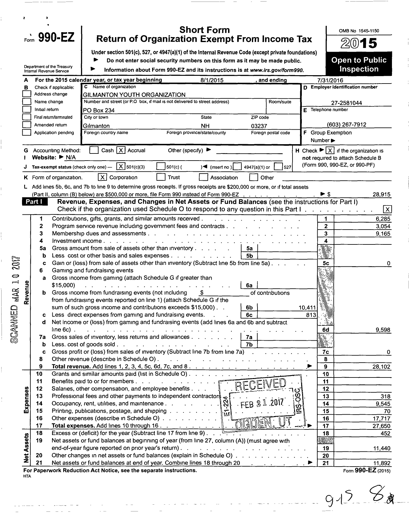 Image of first page of 2015 Form 990EZ for Gyo Gilmanton Youth Organization