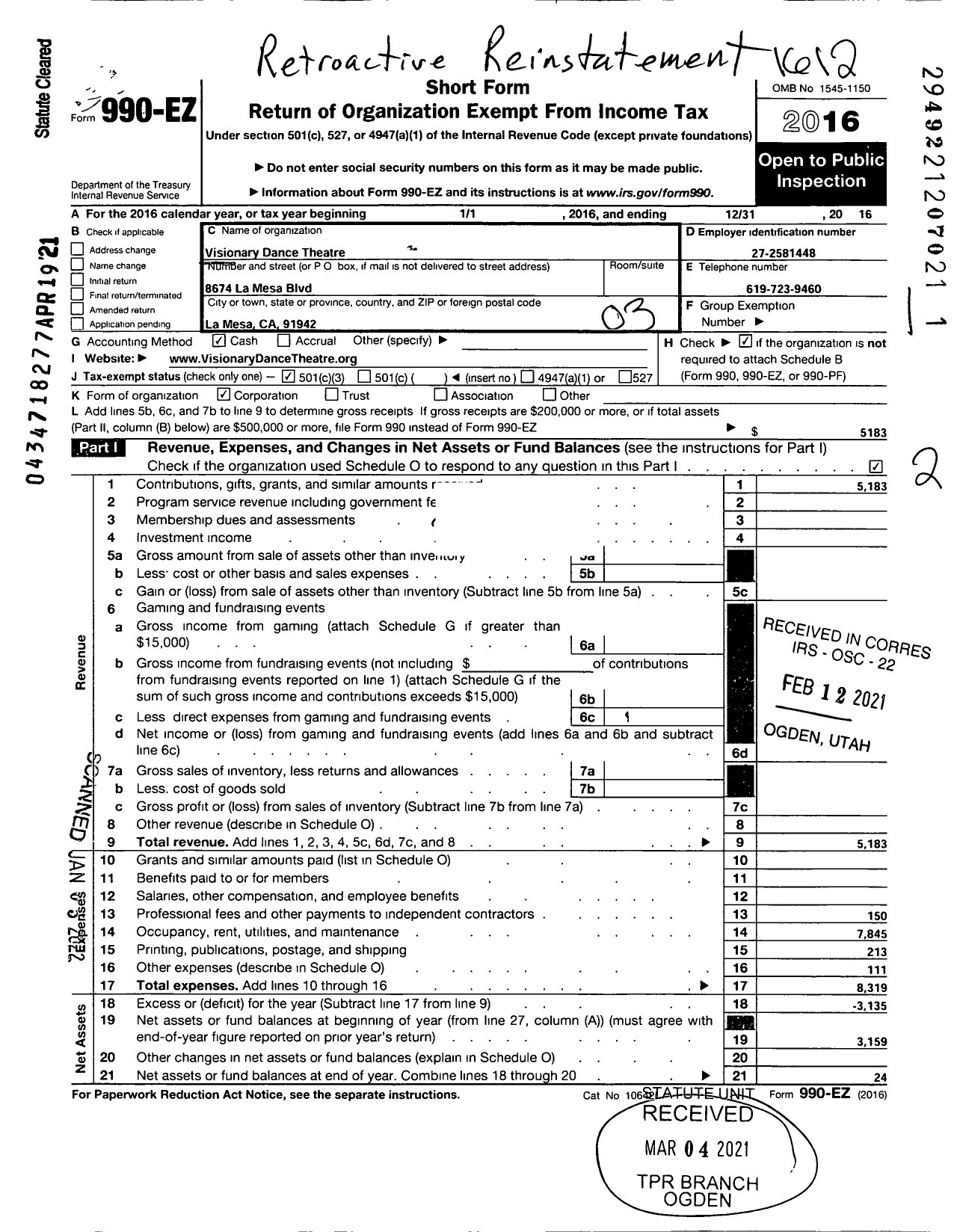 Image of first page of 2016 Form 990EZ for Visionary Dance Theatre