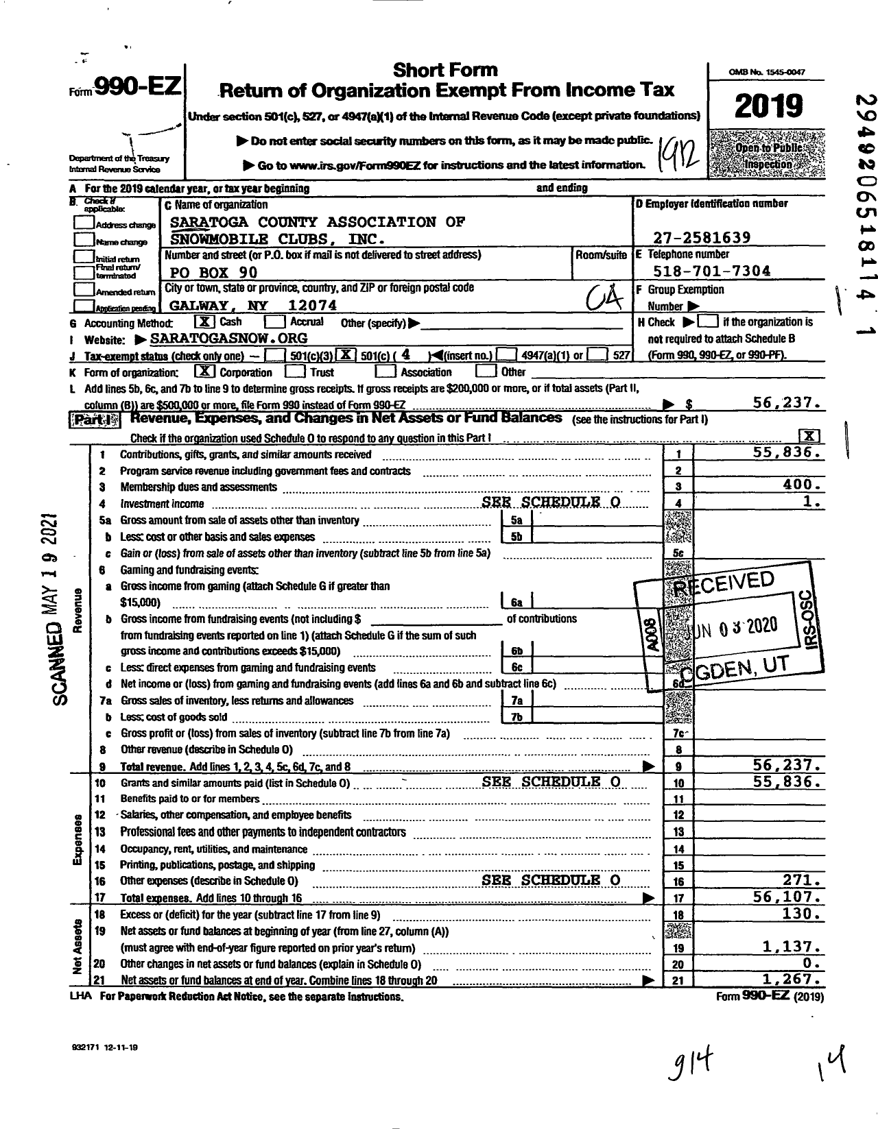 Image of first page of 2019 Form 990EO for Saratoga County Association of Snowmobile Clubs