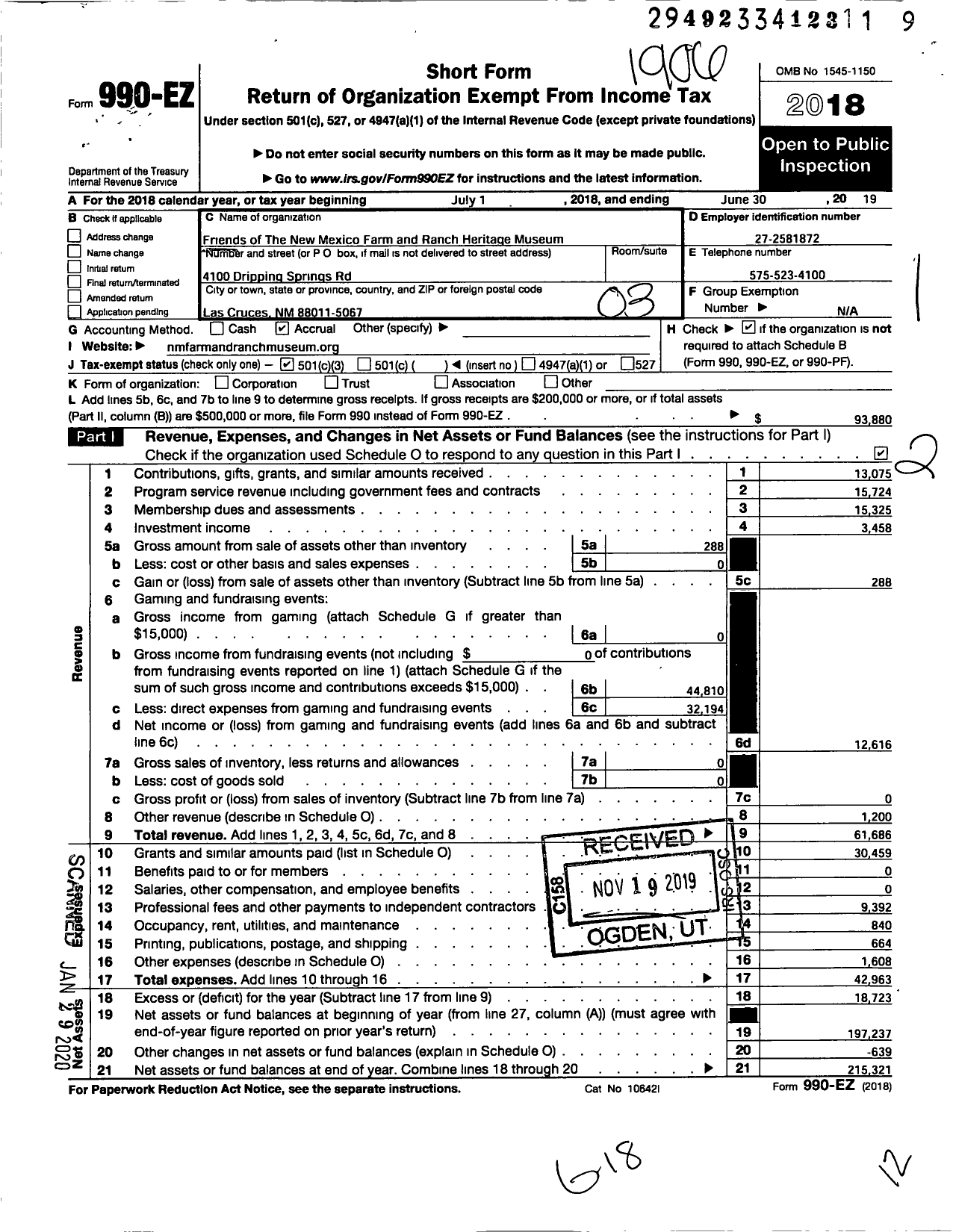 Image of first page of 2018 Form 990EZ for Friends of the New Mexico Farm and Ranch Heritage Museum