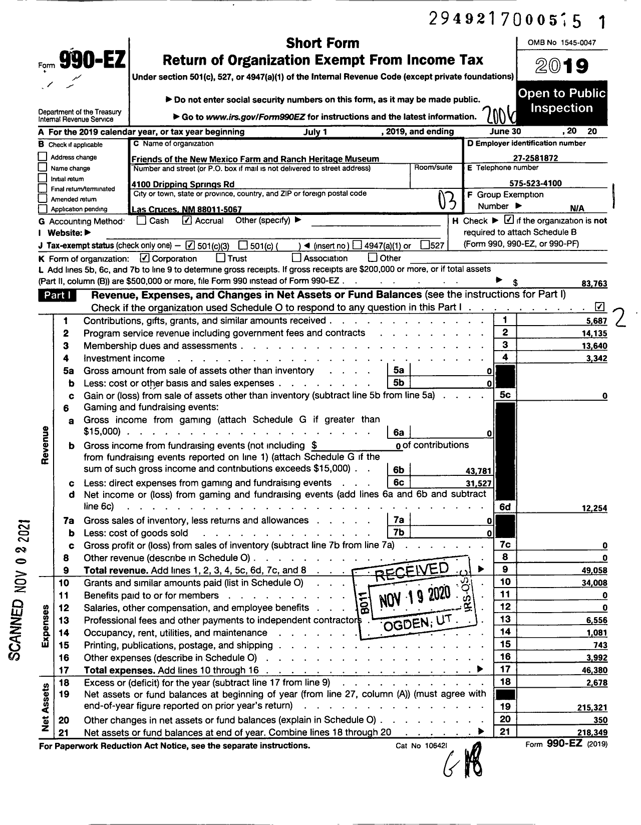 Image of first page of 2019 Form 990EZ for Friends of the New Mexico Farm and Ranch Heritage Museum