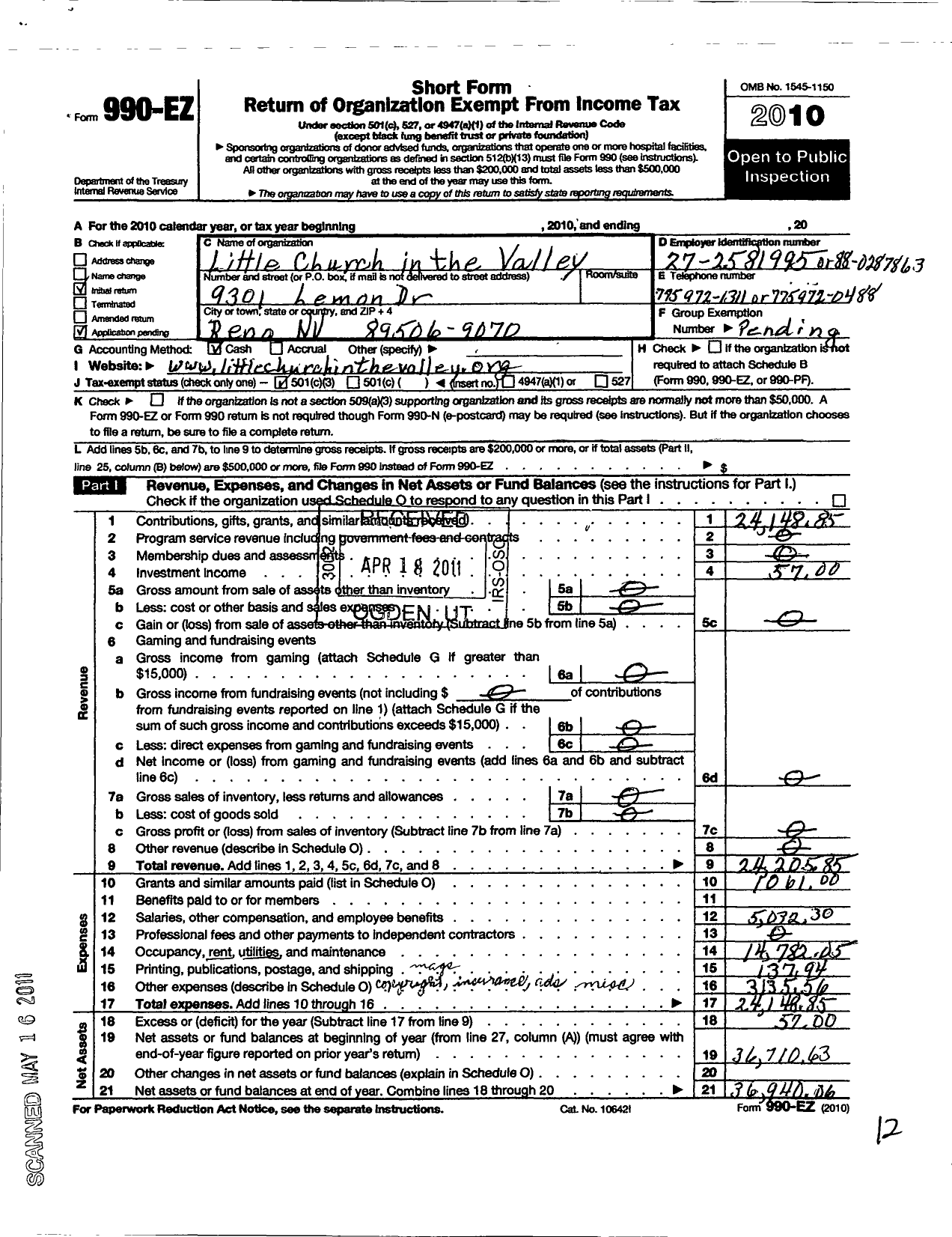 Image of first page of 2010 Form 990EZ for Little Church in the Valley