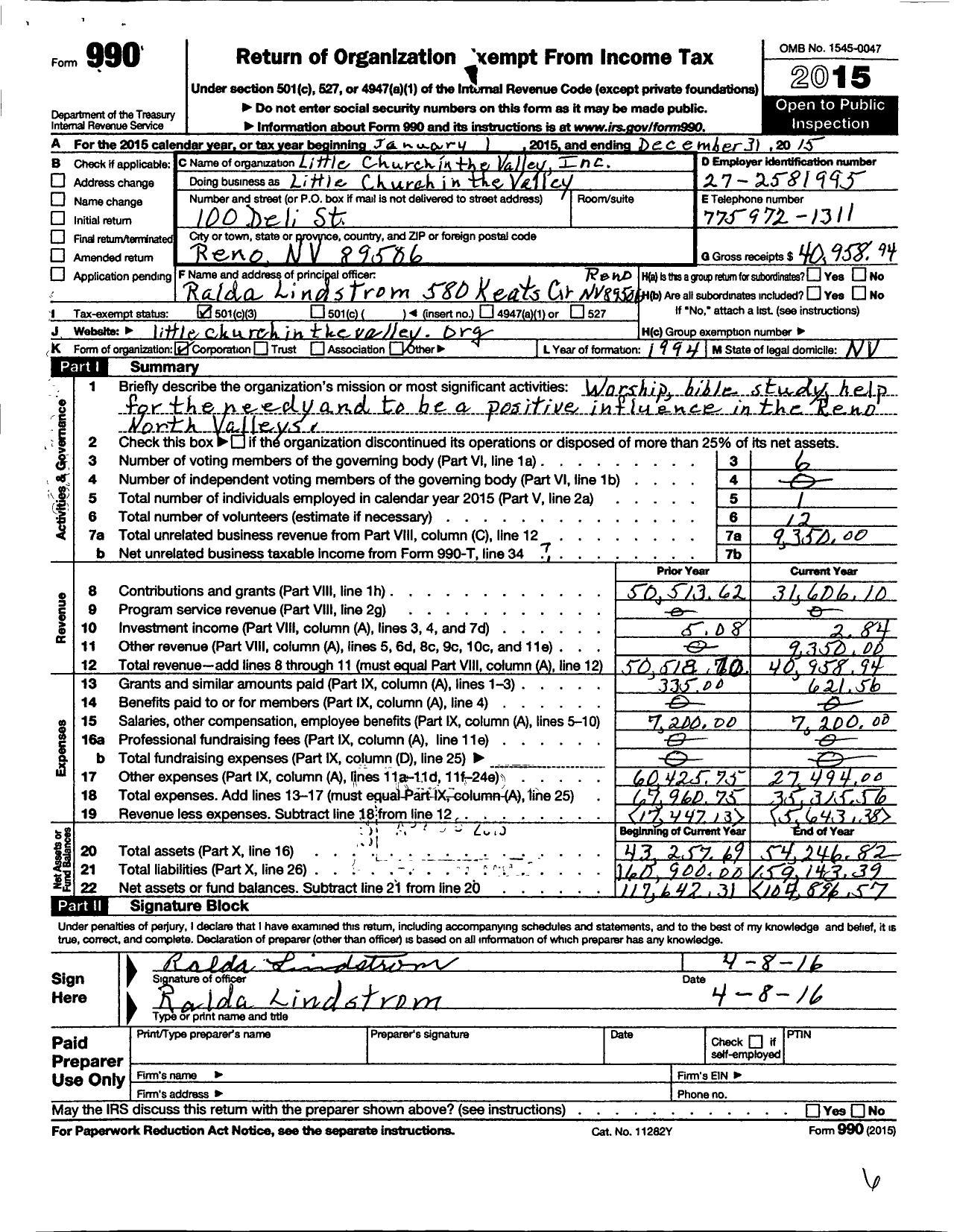 Image of first page of 2015 Form 990 for Little Church in the Valley