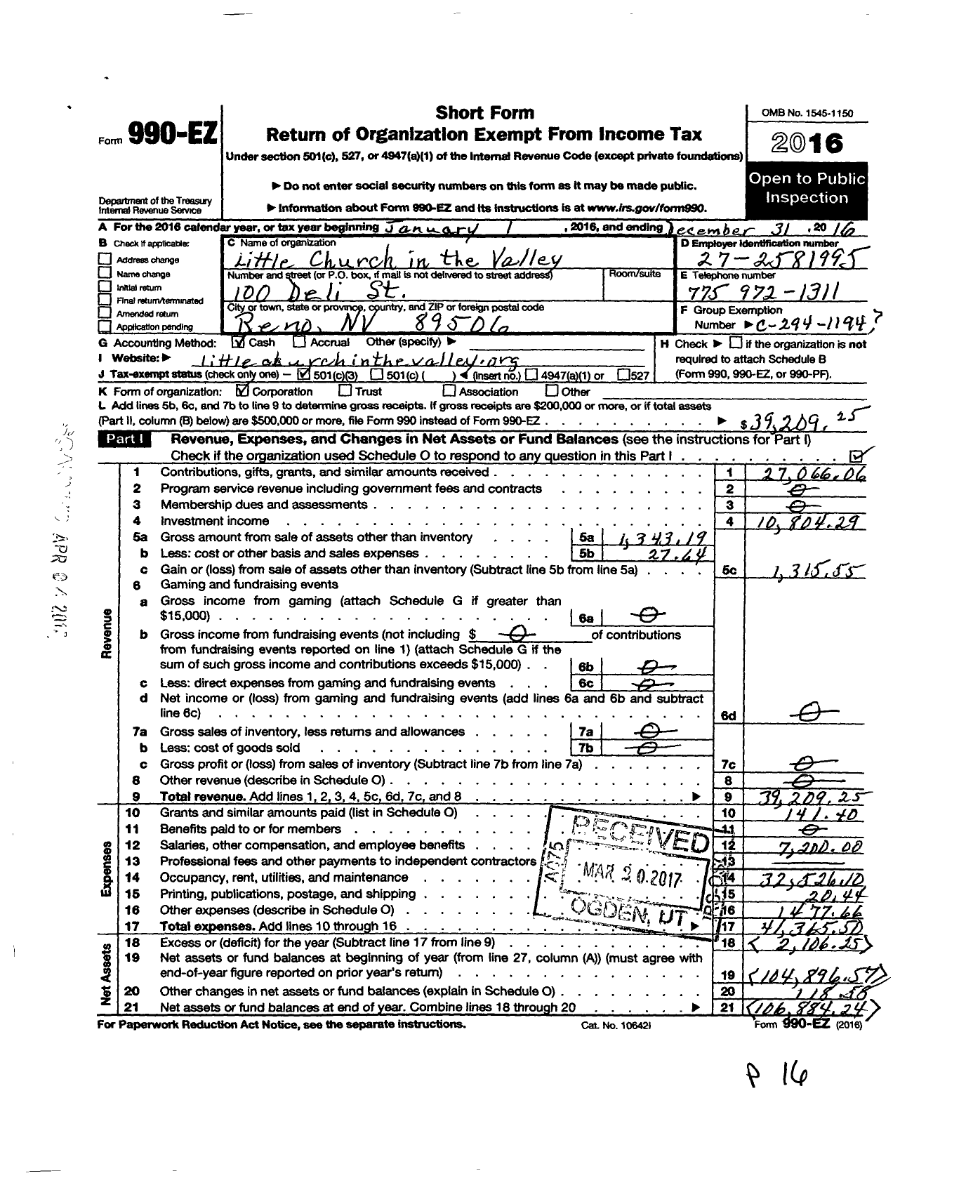 Image of first page of 2016 Form 990EZ for Little Church in the Valley